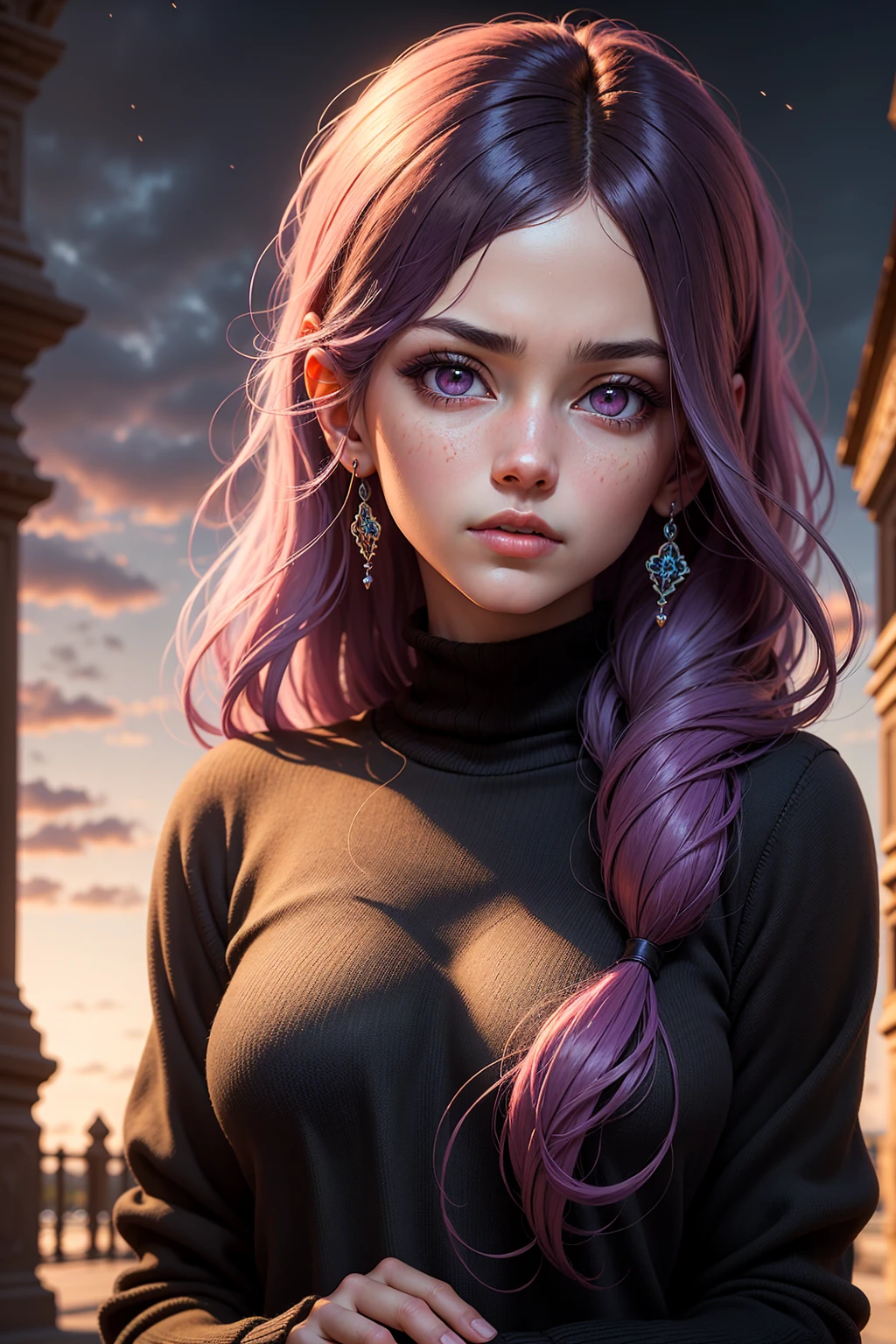 (ultra realistic,32k, masterpiece:1.2),(high detailed skin:1.1),( high quality:1.1),
<lora:EPpkJessie:0.8>EPpkJessie, long hair,v-shaped eyebrows, blue eyes, purple hair, hair slicked back, earrings, jewelry, lipstick, makeup, white bodycon turtleneck dress, lonng sleeves, city park, palms, sunshine, blurry background,,(looking at viewer, portrait:1.1),, huge breast,large breast,<lora:add_detail:0.81>,
(beautifully lit:1.1),