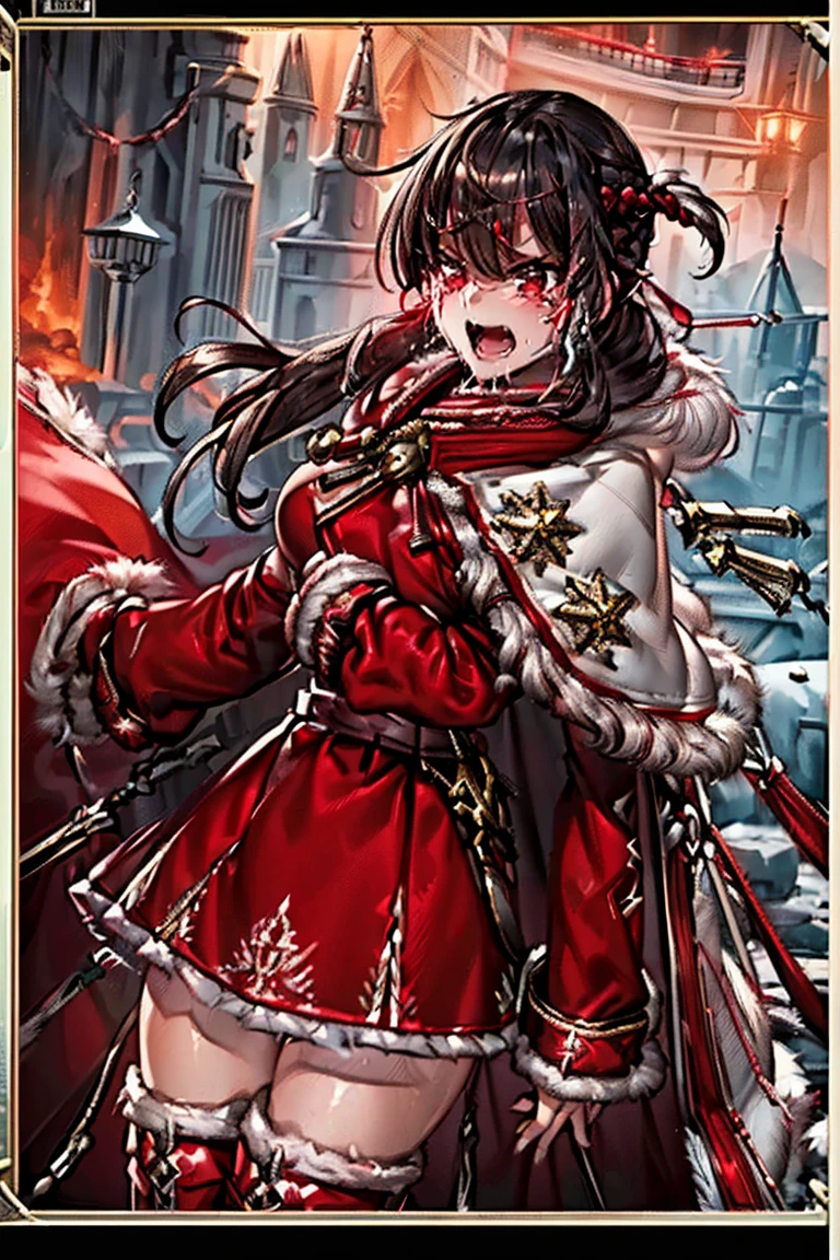8K,(Asuna(star): 1.6),One Girl, alone,(Perfect Anatomy:1.43), (Medium Hair:1.55) ,(Half Up:1.45),bangs, Brown eyes,Beautiful Eyes,(Sad Smile:1.3),White knee socks,(Brown Hair:1.6),blood stained boots,(18-year-old:1.5),whole body,(A combination of blood-white silver full plate armor and a long blood-stained cloak.:1.63),(Bare shoulders:1.5),(mini skirt:1.26),(With a blood-stained rapier in hand:1.43),(A bloody battlefield on a moonlit night:1.52),Fantasy,(Blood Effect:1.53),throw,Eye level,(Cast a Shadow:1.21)
