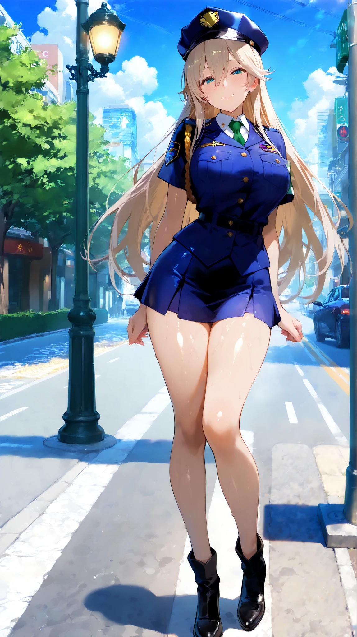 Albedo a female character in overlord anime series, wearing a police dress, standing on a street road near a lamp post, gave a little seduce smile, gave lovely pose, masterpice., ,, masterpiece, best quality, amazing quality, detailed background, increase details, 8k, high resolution, shiny skin, etc