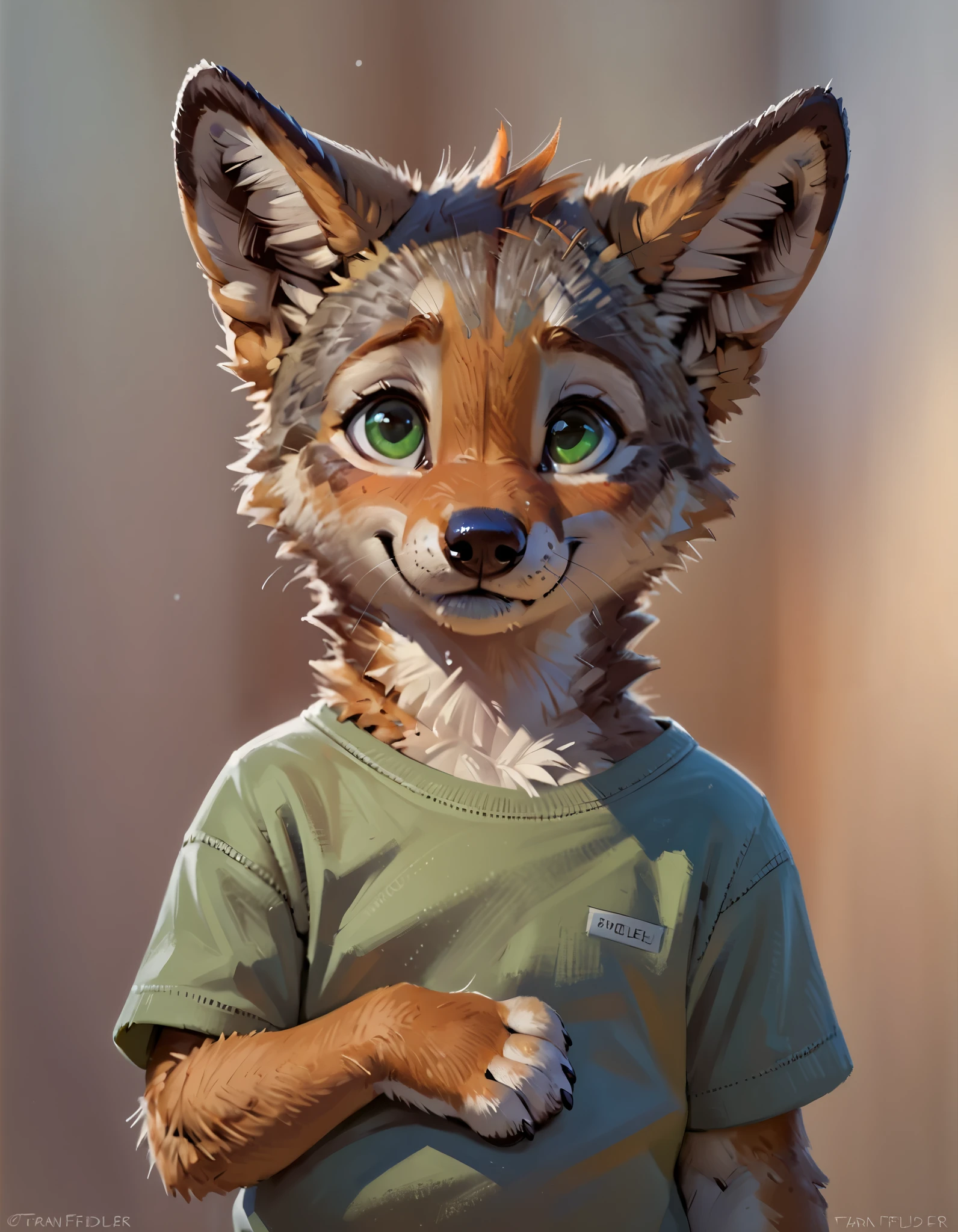 Anthropomorphic coyote pup, solo, young, small, shy expression, raised shoulders, nervous smile, green eyes, big t-shirt, ginger fur, depth of field, (by Taran Fiddler)
