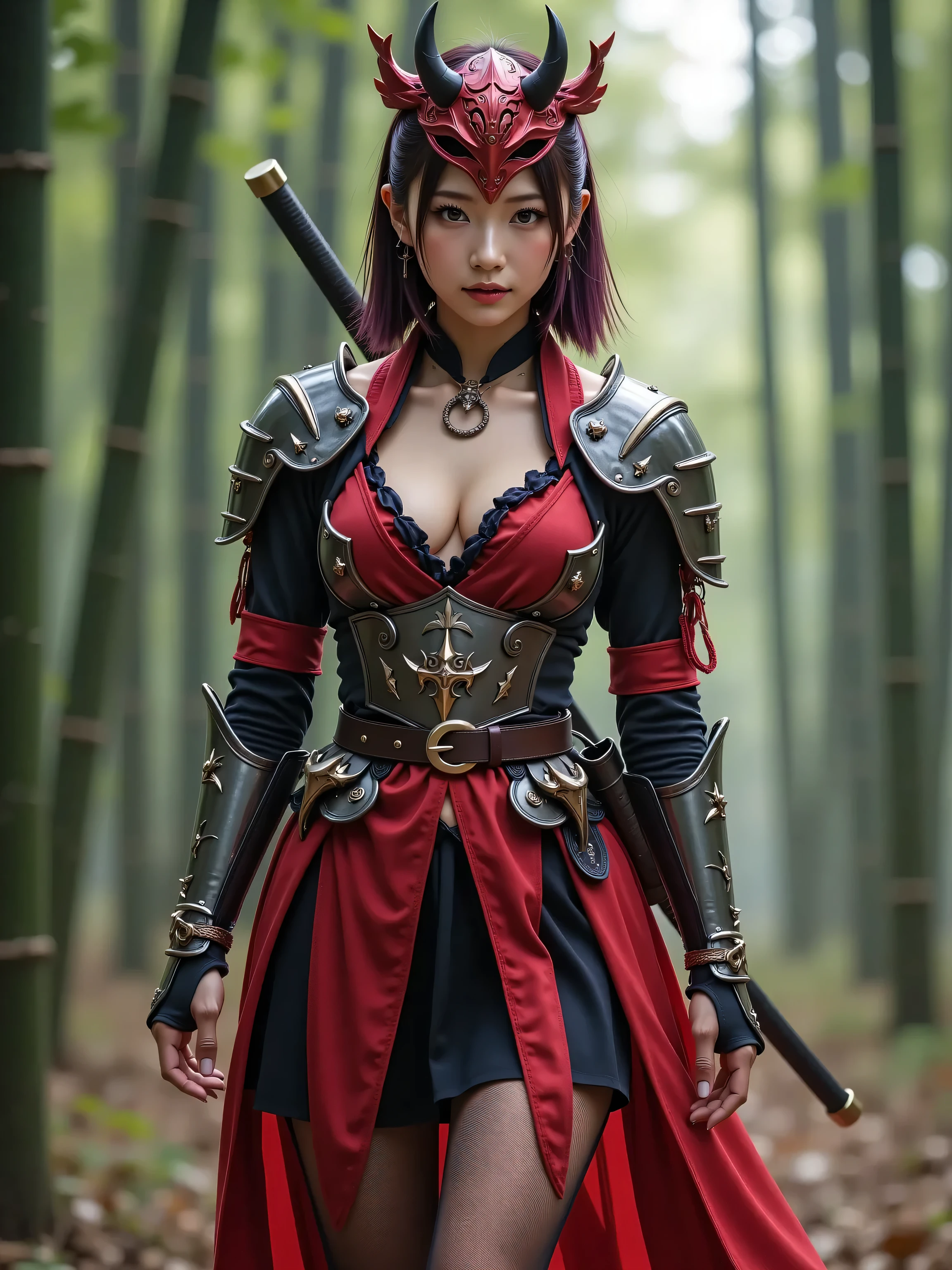 20 years old, a girl, realistic style , Chest E cup , Sexy hot body , Korean beauty face , reddish-purple short hair, ( Wearing a Red Chinese Swordsman Skirt, Exposed black transparent pantyhose , Carpet belt , Knight Metal Silver Shoulder Armour , Knight Metal Bracelet , ( Wearing a Red Demon Mask : 1.5)), Legs Crossed Walking in Bamboo Forest , Hold a Chinese longsword , Exposed fighting posture , masterpiece, High Resolution , High detail, High Quality , Skin texture , super wide angle, whole body, panoramic, Vision, M4sk3dS4mur4i,