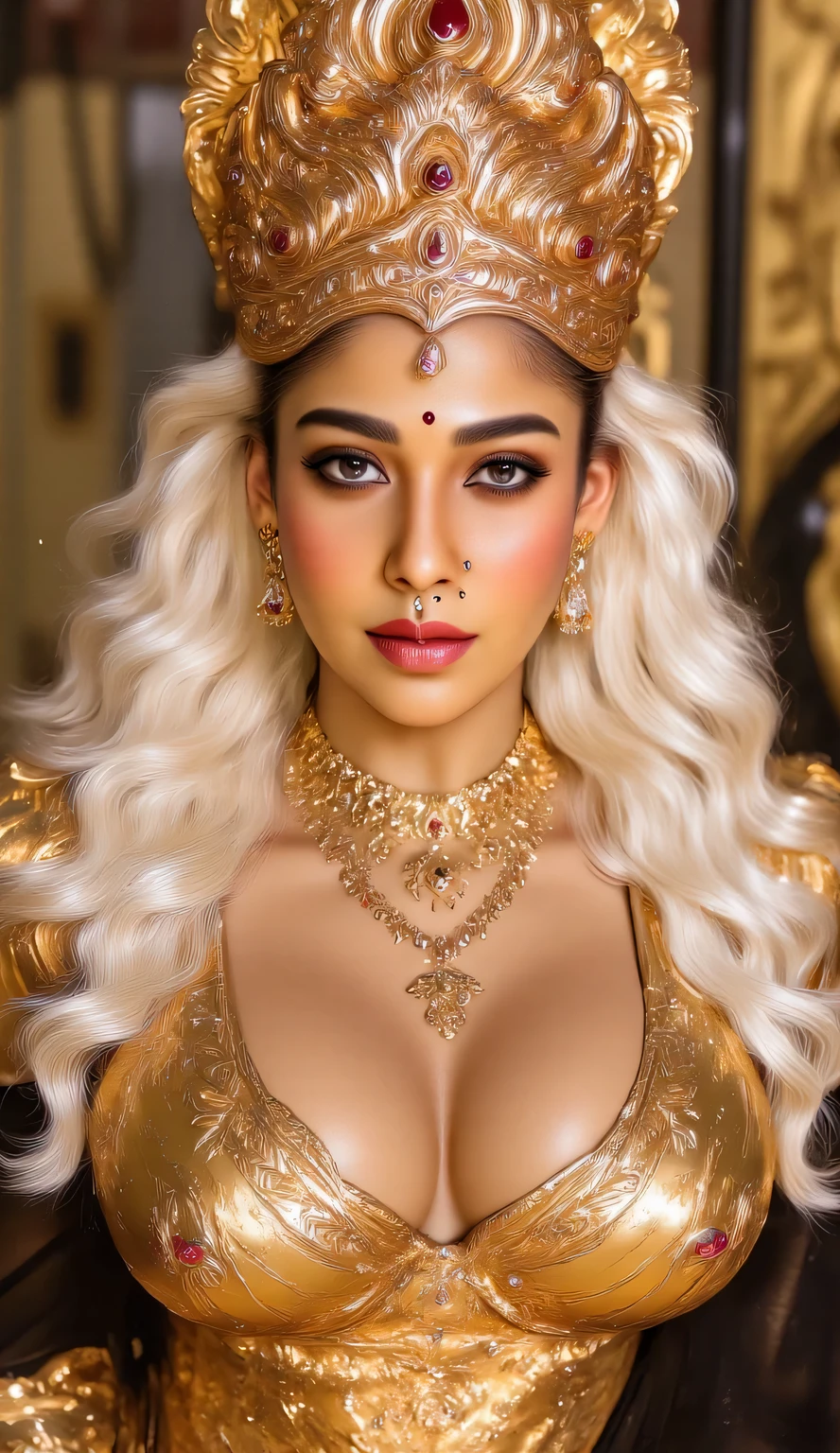 A colombian teacher , white skin tone, red lips, thick milf body, big boobs, cleavage,full body,front view,big ,cleavage,standing position, xnayan,cleavage,curly hair,red lipstick,realistic. durga wearing golden armor suit with futuristic sci fi technology and intricate indian design also have golden jewelry with diamonds and gems, thick milf body with big , long white hair, white skin tone, red lipstick, hyper realistic image, wearing big golden crown