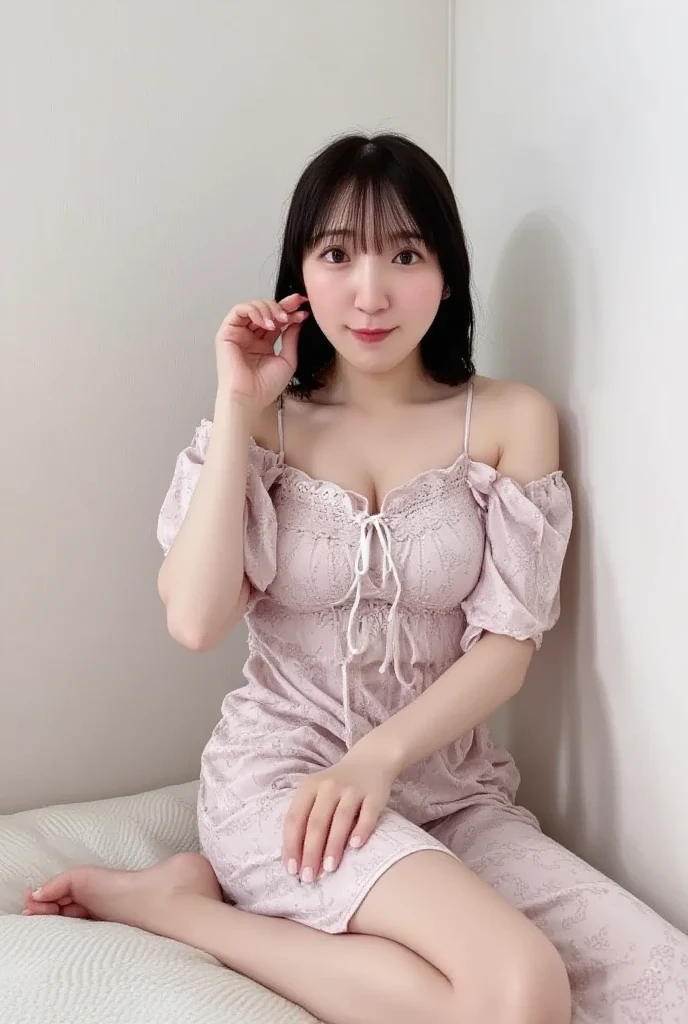 Japanese、Office Lady、Slim and curvy、
Enchanting、Mature、A kind smile、winking、
Tied up hairstyle、
A transparent pink camisole mini dress、
Cleavage、Nipples、
Gymnastic sitting position、
White panties、
Full body portrait、
necklace、Earrings、anklet、
4KQuality.