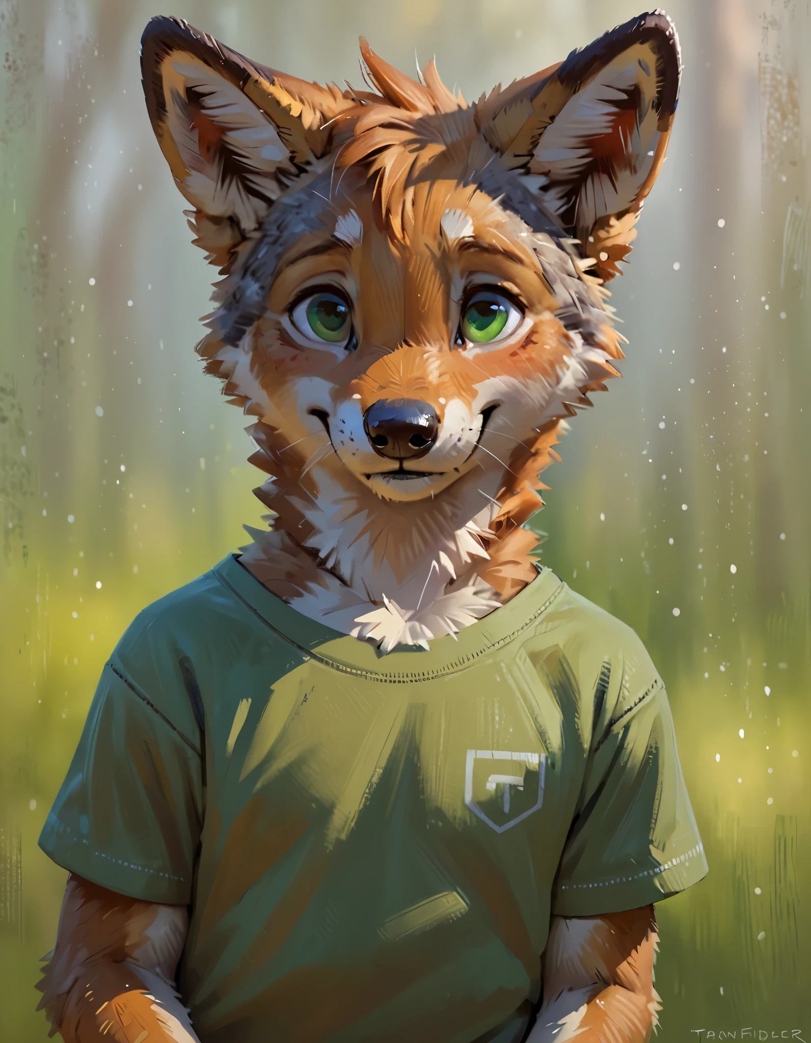 Anthropomorphic coyote pup, male, solo, young, small, shy expression, raised shoulders, nervous smile, green eyes, big t-shirt, ginger fur, depth of field, (by Taran Fiddler)