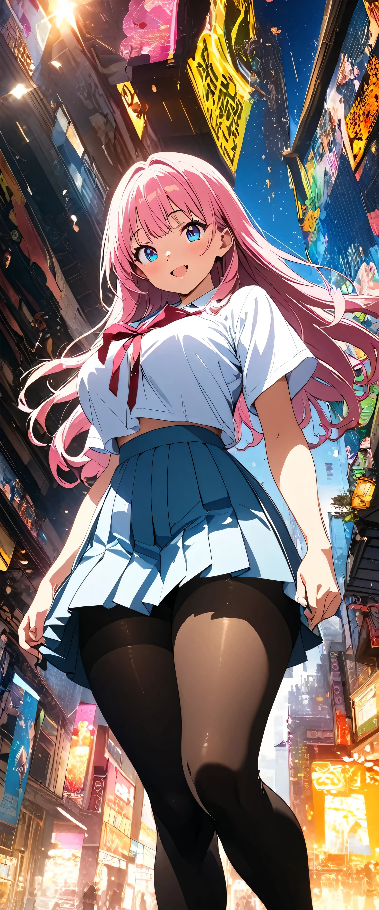 (beautiful girl:1.3),masterpiece,Please redeem,Ultra-high resolution,Rich Contrast,Very high quality,8k,Highly detailed CG unit wallpaper,Texture,So ridiculous,RAW Photos,Highest quality anime,anime-style illustration,studio anime style,professional photograph,an extremely delicate and beautiful,Depth of written boundary 1.2,ultra-detailed eyes,Glowing Skin,Glitter Effect,Beautiful glossy lips,Big eyes,Round eyes,(Bright pink hair, shortcuts),( high school uniform , pleated skirt),exceptional smile,Large Breasts,Big Round Ass,Big smile,Open your mouth wide,( from below),( thick thighs:1.5), shopping mall,( black tights:1.7)