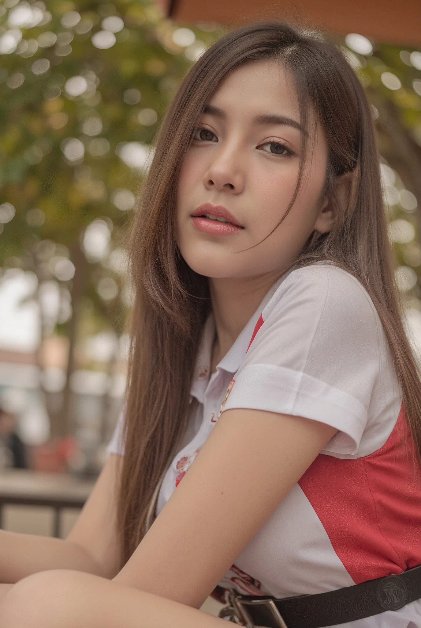 a beautiful young thai woman,22 years old,sitting pose in a starbucks coffee shop outdoor,wearing nisit thai uniform,full body view,detailed facial features,beautiful detailed eyes,beautiful detailed lips,extremely detailed face and skin,long eyelashes,delicate facial expression,soft lighting,warm color tones,natural lighting,photorealistic,4k,8k,highres,masterpiece,ultra-detailed,realistic,vivid colors,professional photography