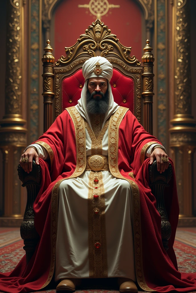 In ancient Islamic times, a man with a strong body. He has a turban. He sits with confidence, tall and majestic, intimidating the enemy. He places his hands on both feet. The clothes define the strength of his body. White. He is sitting on the throne of the Caliphate. A luxurious, luxurious throne. Behind the throne is a long and huge sword hanging on the wall behind the throne. High-quality, realistic facial features.