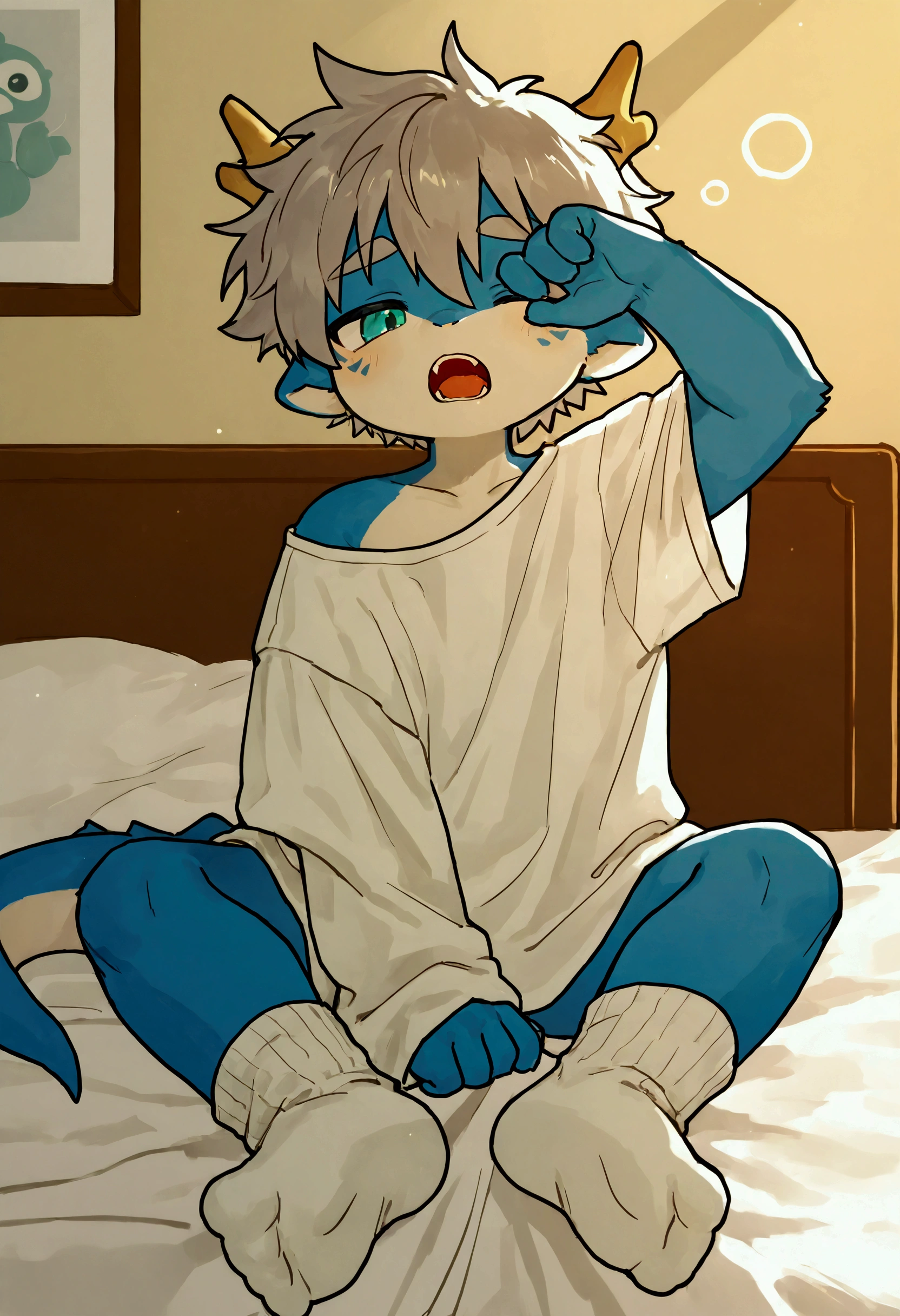 furry,kemono, toddler(One cute Gray Wolf boy), single,White hair,Wearing cute loincloth,White Loincloth,Naked,Lying In Bed, Japanese Style House, Japanese Clothes, protrait photo,HD