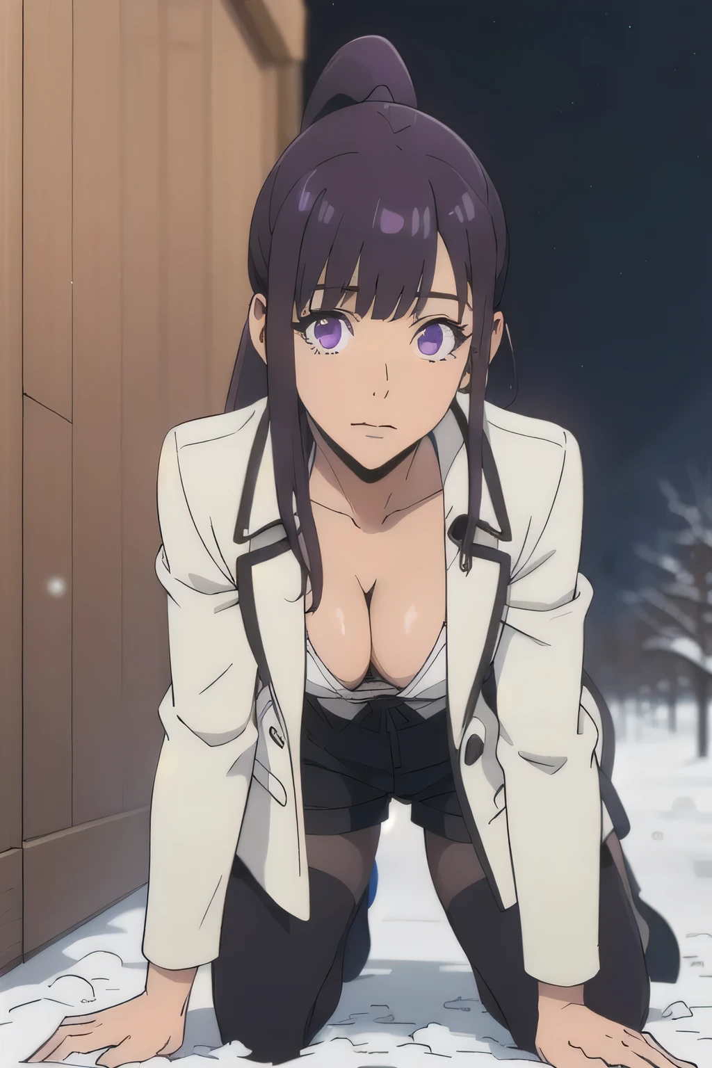 1 girl in, 18, photo of Sung Jinha, Solo Levelling Waifu, photo of perfect woman, Solo, Aesthetic artwork, (long hair, straight purple hair, long ponytail, dark purple hair, bangs: 1.25), (violet eyes, clear skin, fare skin, small breasts, B-cup, runners body, very thin waist, skinny, petite, detailed skin texture, (Masterpiece), (cleavage, focus on breasts:1.2), (She’s wearing a long white wool coat))), black thigh glitter shirt and black shorts posing in the snow. sexy look, sexy pose, in the snow, covered in snow, cold but beautiful, dressed in an old white coat. Winter starry night. Northern lights, (kneeling down before master, splits kneeling, legs apart), looking up at camera, overhead perspective), (extremely detailed 8k wallpaper), soft lighting, high quality, film grain, 50mm, High Detail, Sharp focus, (natural light), (cowboy photo:1.2), light particles