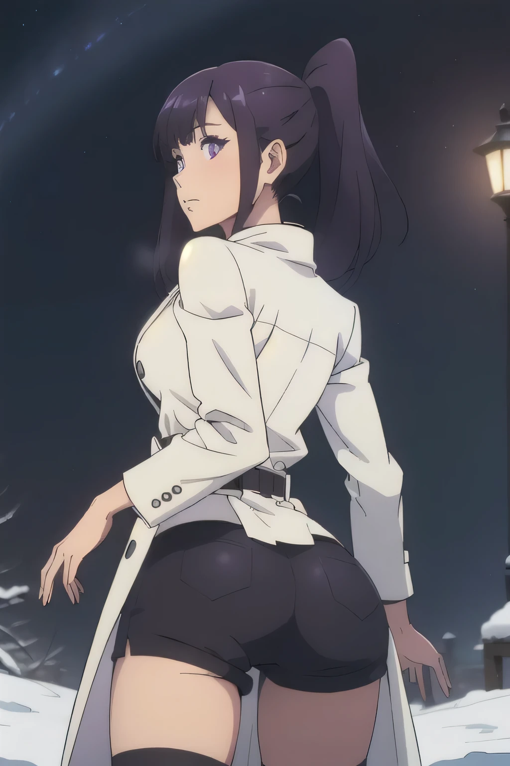 1 girl in, 18, photo of Sung Jinha, Solo Levelling Waifu, photo of perfect woman, Solo, Aesthetic artwork, (long hair, straight purple hair, long ponytail, dark purple hair, bangs: 1.25), (violet eyes, clear skin, fare skin, small breasts, B-cup, runners body, very thin waist, skinny, petite, detailed skin texture, (Masterpiece), (shot from behind, focus on ass:1.2), (She’s wearing a long white wool coat))), black thigh glitter shirt and black shorts posing in the snow. sexy look, sexy pose, in the snow, covered in snow, cold but beautiful, dressed in an old white coat. Winter starry night. Northern lights, (extremely detailed 8k wallpaper), soft lighting, high quality, film grain, 50mm, High Detail, Sharp focus, (natural light), (cowboy photo:1.2), light particles