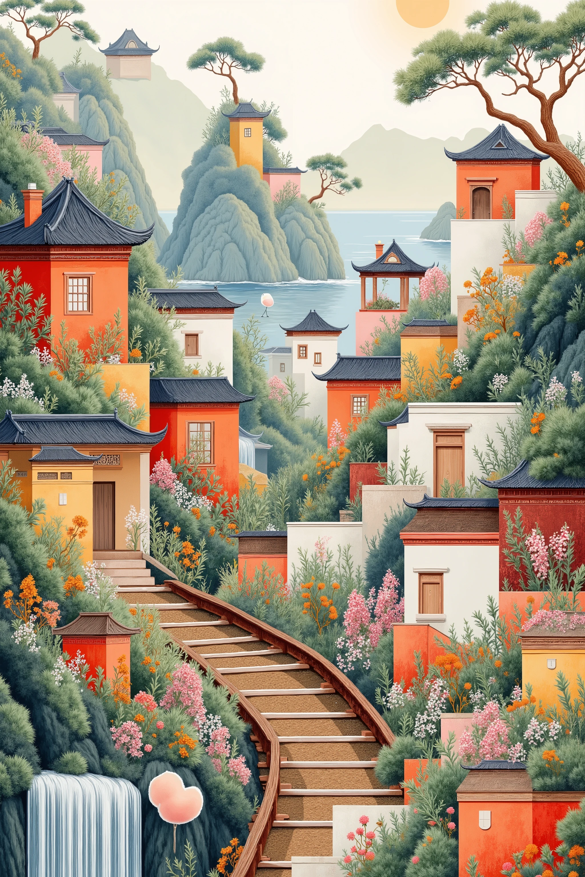 In the seaside railroad tracks, railroad tracks full of flowers, close-up
