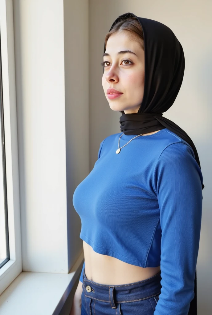 Hijabi woman lies on a hospital room,Looks weak, showing super big breast,(),long hijab,,breast looming out clothes,gently, full body, t-shirt and miniskirt outfit, stunning face, teen, sad, sleeping