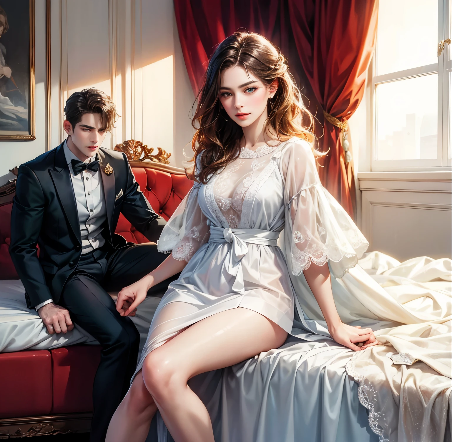 "Create a romantic, high-quality illustration of a 34-year-old man in formal attire inside a delicate, feminine bedroom, gently holding the foot of a 21-year-old woman to help her put on a crystal slipper. The man has a striking, attractive appearance. His short, dark hair contrasts with his piercing blue eyes, which convey intensity and desire. His chiseled face and square jawline give him an air of masculinity and confidence. His athletic, muscular physique is evident through his well-fitted tuxedo. The young woman possesses a stunning, model-like beauty. Her long, flowing brown hair cascades over her shoulders, framing her delicate features and vibrant green eyes. Her porcelain skin and curvaceous figure emanate a natural, alluring femininity. The woman is seated on the edge of a plush, ornate bed, wearing a delicate white dress that accentuates her graceful silhouette. She gazes at the man with an expression of intimate romance, her body language conveying a sense of trust and vulnerability. The man kneels before her, one hand gently holding her slender foot as he carefully slides on a crystal slipper. His focused gaze and tender touch suggest a deep connection and reverence for the woman. The bedroom setting should be elegant and refined, with soft, pastel colors, luxurious fabrics, and ornate furnishings that complement the romantic mood. Subtle lighting and hazy effects can create an atmosphere of intimacy and dreamlike quality. Through the composition, use of color, and the expressions and body language of the figures, convey a sense of tenderness, desire, and a profound emotional bond between the man and woman. Evoke a feeling of timeless, cinematic romance without being overtly explicit. (best quality, realistic"