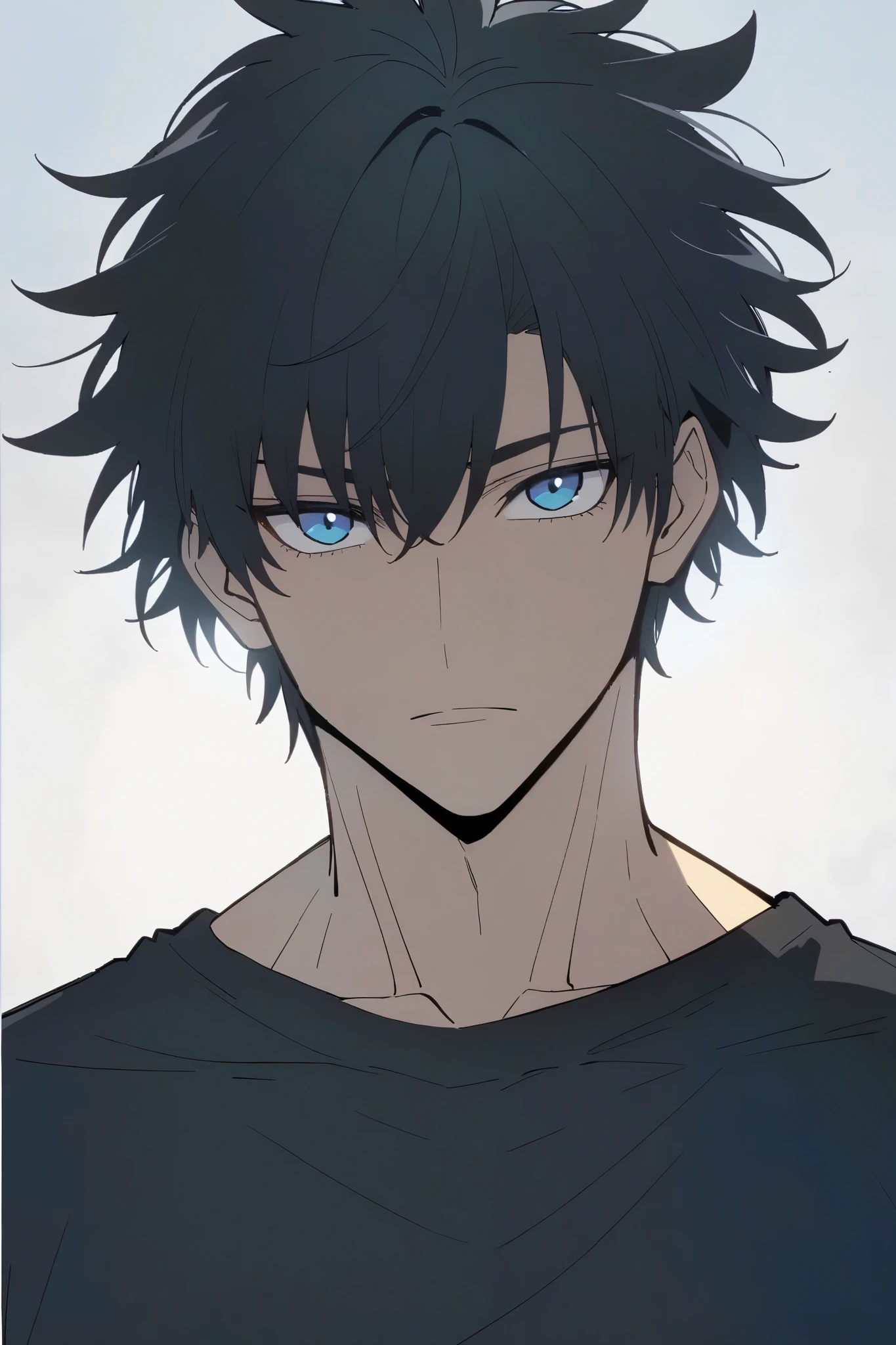 Handsome, solo, male, tall, toned, Gojo hair, black hair, blue eyes, black t-shirt, broad shoulders, looking at viewer, facing viewer, simple background, white background
