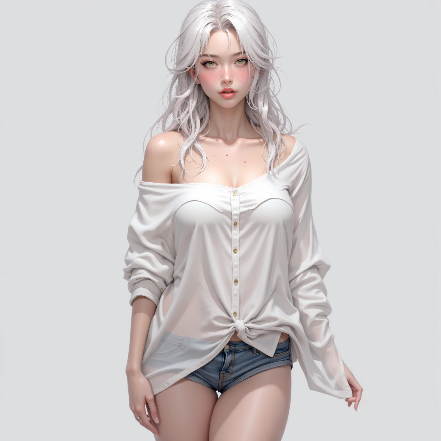 Realistic, high resolution, 1 girl, white wavy hair, Korean, heterochromic eyes, small moles under the eyes, loose white shirt, skinny denim shorts, large breasts, thighs, panties visible Masterpiece, realism, peitos de fora, nudes, peitos grandes