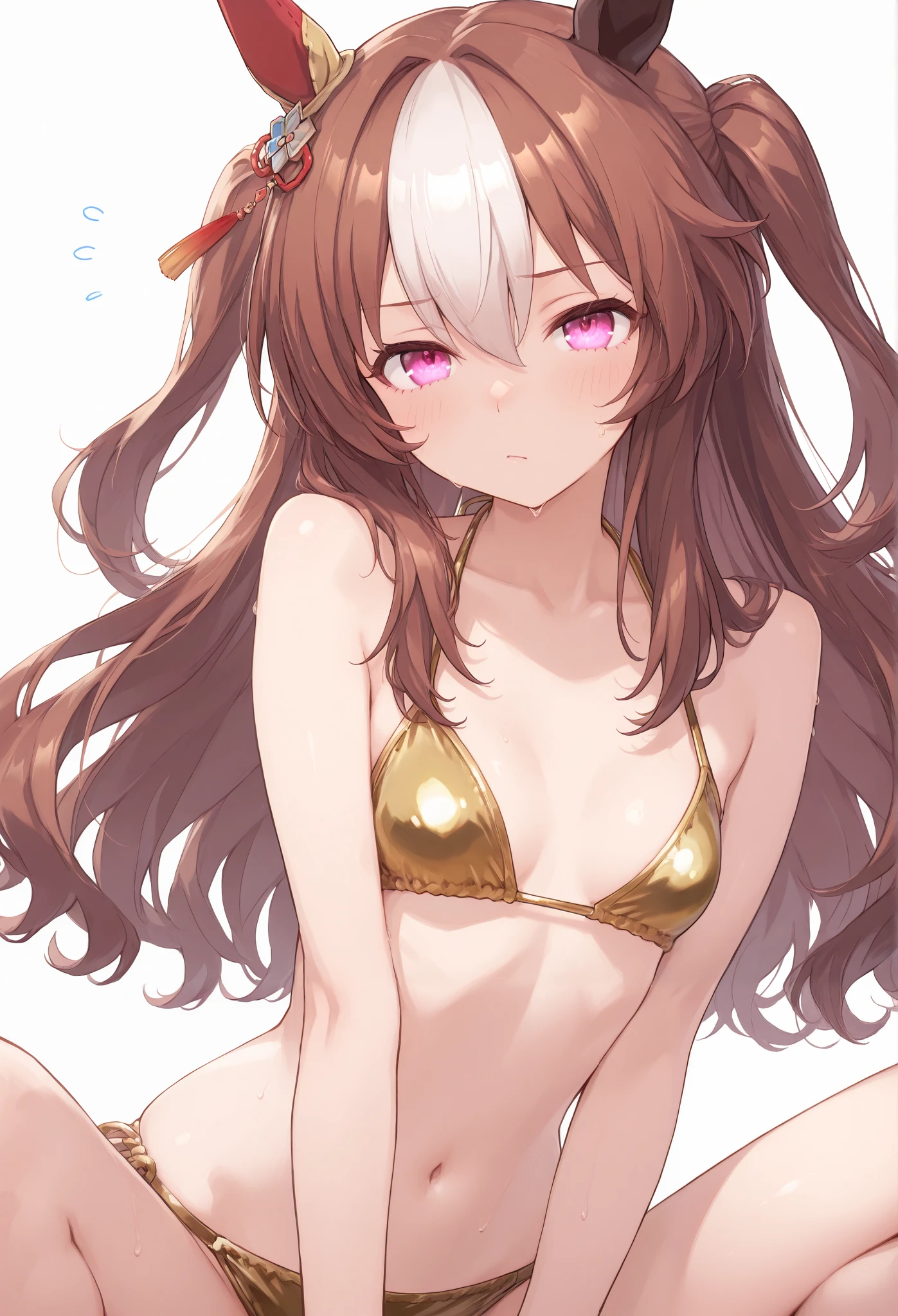 masterpiece, highest quality, close, face shot, Satono Diamond\(Umamusume\),Metallic Ultra Micro Bikini, spread legs,sit, on the bed 、embarrassed、transparent nippleansuji、Sweat、((semen))