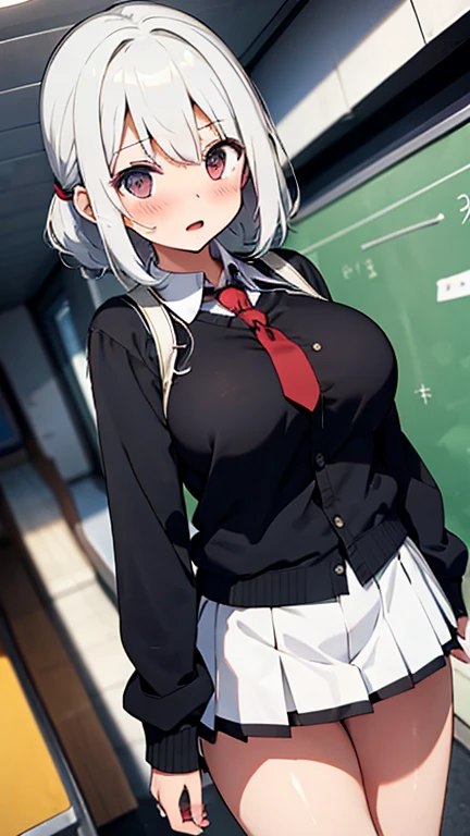 Sexy Young Ebony-Skinned White-Eared Rabbit Girl. In a Library. Wearing a school uniform. Shirt Open showing breasts. NSFW