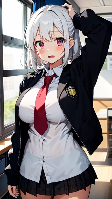 "Beautiful girl with short white hair and red eyes in an executive suit, corpo uniform. The suit is red and black, and she is biting her lip seductively whilst looking up at the camera. The setting is in an executive office, with a futuristic corpo aesthetic, inspired by Arasaka. The image should have ray tracing effects and be of the best quality, with ultra-high definition details. It should be a masterpiece."