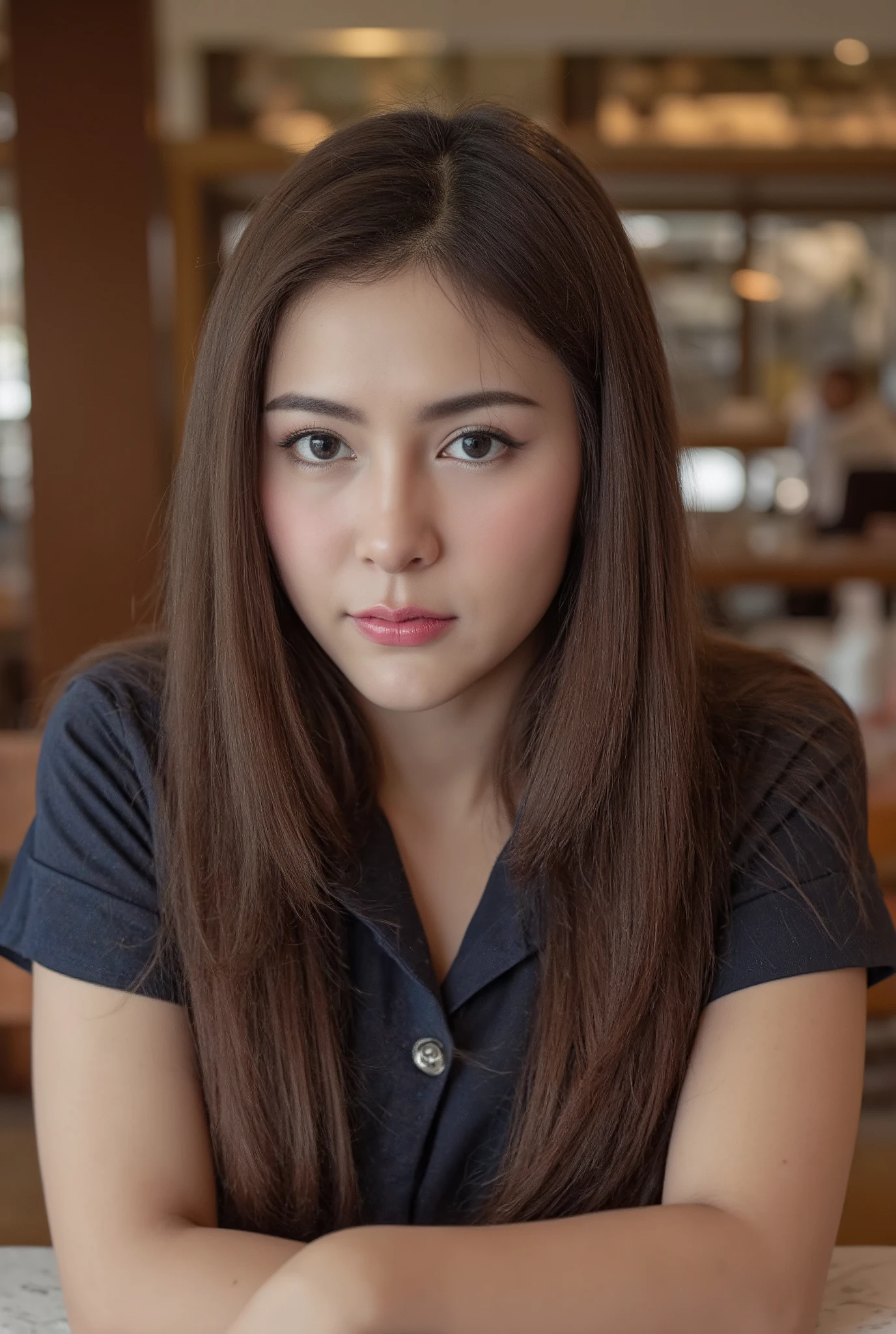 beautiful detailed eyes, beautiful detailed lips, extremely detailed eyes and face, long eyelashes, 1 girl, young thai woman age 22, sitting pose, starbucks coffee shop, wearing nisit thailand uniform, full body shot, ambient lighting, detailed background, intricate details, high quality, photorealistic, 8k, hyper detailed, natural lighting, cinematic composition, vibrant colors, warm tones