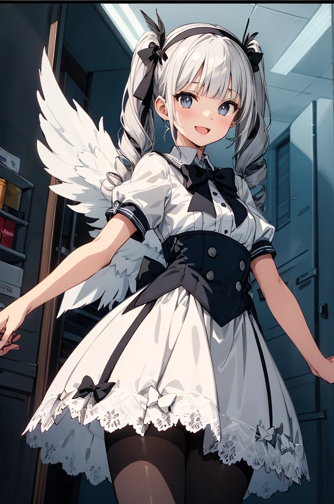 (((Open your legs on the bed and show me your white panties)))、Hold the ends of the skirt with both hands and pull them up、shy face、white lolita skirt、Close-up、Open the front to expose your breasts、