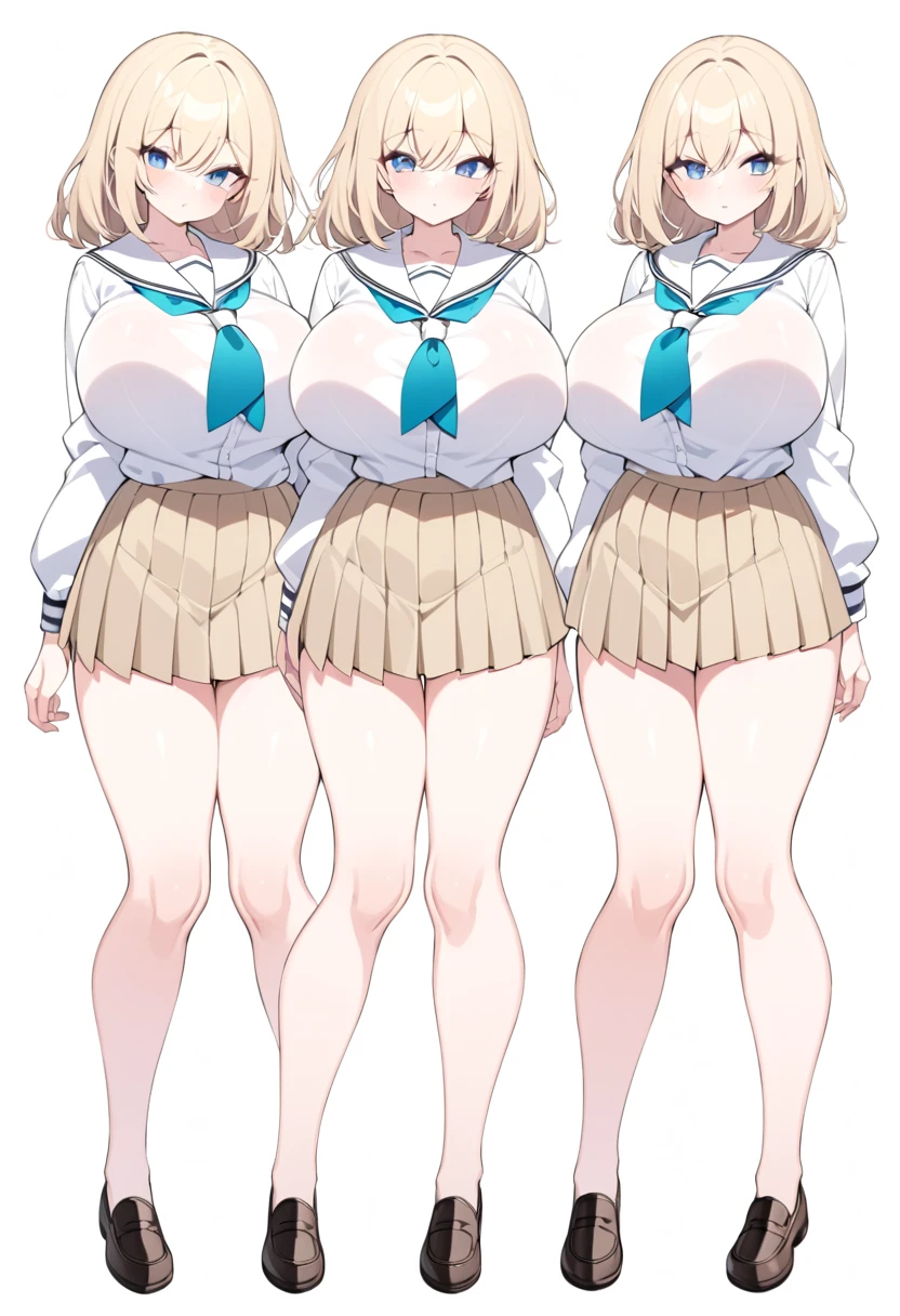 super breasts、blonde hair、thick thighs、8K, 4K, highest quality, High resolution: 1.2)、cute anime face、noise removal、full body portrait、shining blue eyes、gentle smile、Round、standing position、muscle、naked足、abs、腕のmuscle、脚のmuscle、お尻のmuscle、excessive pubic hair、whiteback location、(((nude)))、(((Group of 3、triplets)))、(((naked)))、