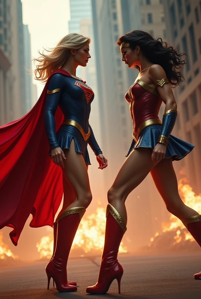 (((From extreme close-up a beautiful black-haired woman under the cloak of the Amazon warrior Wonder Woman screaming with the blonde Kara zor-El alias Supergirl in her arms crying her death a lot of blood around her bloody and terrifying images Supergirl blue suit red skirt Superman emblem or shield on her suit with many wounds and blood dying slowly,(((Images without any deformity in their limbs)))a beautiful blonde haired woman under the mantle of the Kryptonian Kara zor-El aka Supergirl blue suit and red skirt)))