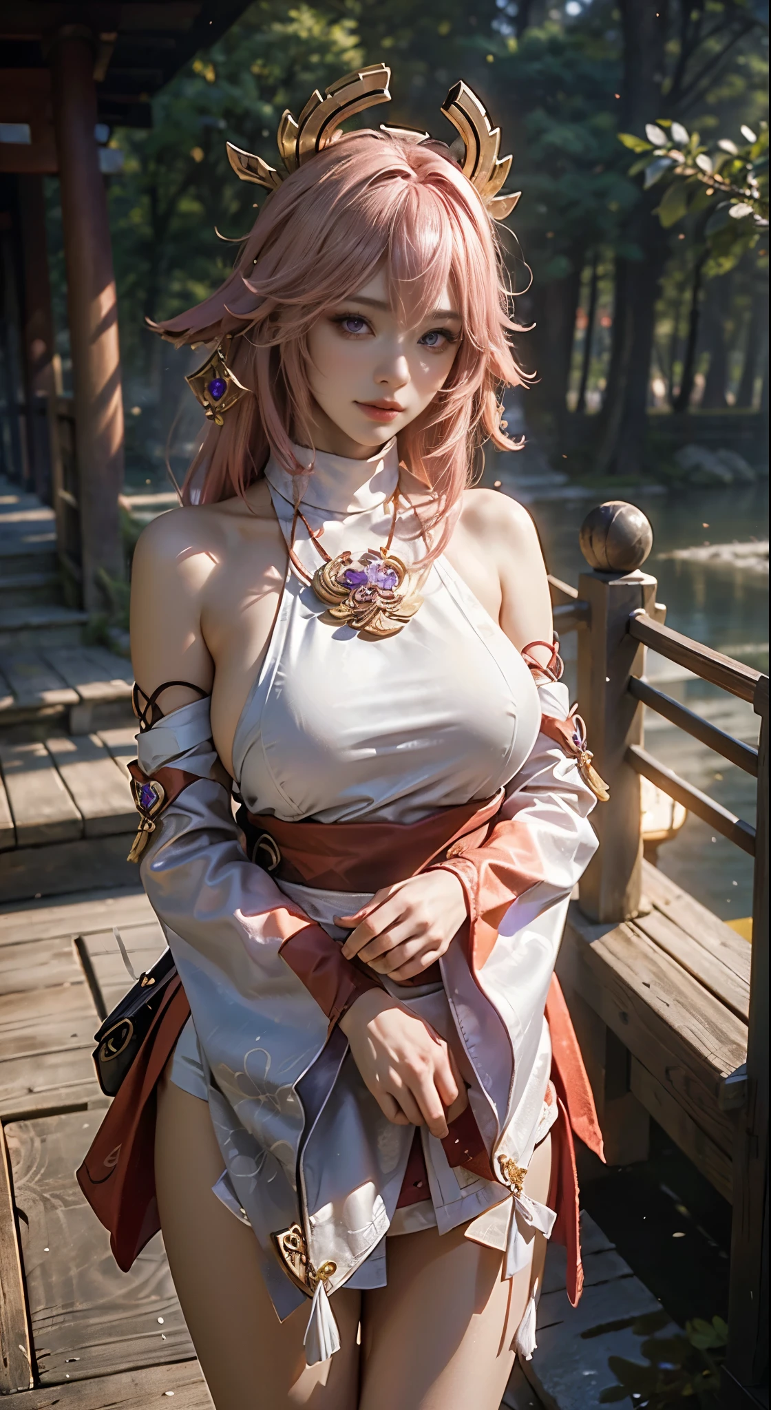 Landscape of a very beautiful 1girl, very stunning 1girl, (((face exposed)))!!!, (((cowboy shot)))!!!, (((front focus))), (((background Blurry))), Bokeh, lens flare, photography with Fujifilm XT3, depth of field, film grain, female focus, BREAK, Yae Miko/(Genshin Impact/), anime style, (((standing at japanese shrine wooden bridge)))!!!, (((cloudy)))!!!!!, ((snowy mountain far away))!!, (looks at the audience with beautiful purple iris like amethyst)!, Ultra detailed eyes, (Beautiful light purple pupil's eye's like amethyst :1.40)!, Stars in her fixed eyes, (homochromatic eyes)!!!, seductive smile, long sleevemouth, (thin fresh peach lips)!, (Blush)!, Perfect nose, Cute little nose, beatiful face, Face Clean, realistic Skin, hyper realistic, Perfect eyebrow appear through mocha pink hair, mocha pink hair bangs, (ultra shine mocha pink hair)!!, (((long straight mocha pink hair)))!!!, (((symmetrical golden hair ornament)))!!!, purple earrings, ((((Animal Ears))))!!!!, ((dynamic composition)), BREAK, detached sleeves, bare shoulders, /(((wear original costume of Yae Miko Genshin Impact_miko's clothes)))!!!, (((White Turtle Neck short Kimono_bare shoulder)))!!!, (((Golden Necklace_Purple Jewelry)))!!!, (((wide white elbow bell sleeves)))!!!, (((Red Obi)))!!!, Plump breasts, (((Plump Breast Covered With White Silk )))!!!, slim legs, open smooth thigh, open legs, ((Red ribbon))!!, vivid color clothes, detailed realistic clothes, BREAK, Best Quality, Masterpiece, Ultra-detailed, Beautiful, hight resolution, Original, CG 8K, perfect photo, dramatic lighting, Beautiful lighting, (((Realistic fantasy art)))!!!, Realistic, Full HD, Best Quality, award winning, (8k wallpaper of extremely detailed CG unit), High Details, sharp-focus, The art of dramatic and photorealistic painting, ((at Japanese Shrine Bridge)), dynamic composition, breathtaking rendering, strong color, deep shadow,