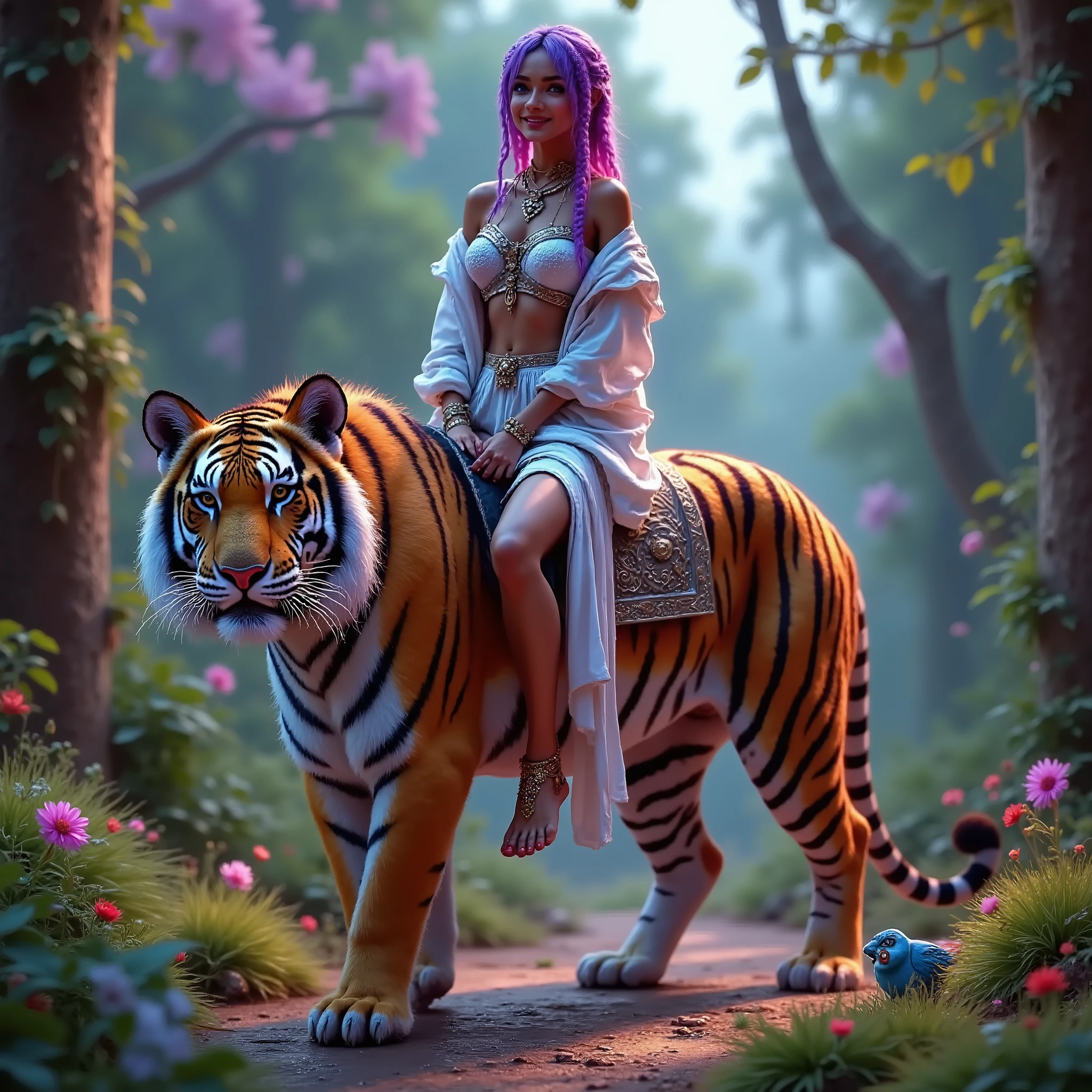 she is sitting on a large tiger riding the tiger