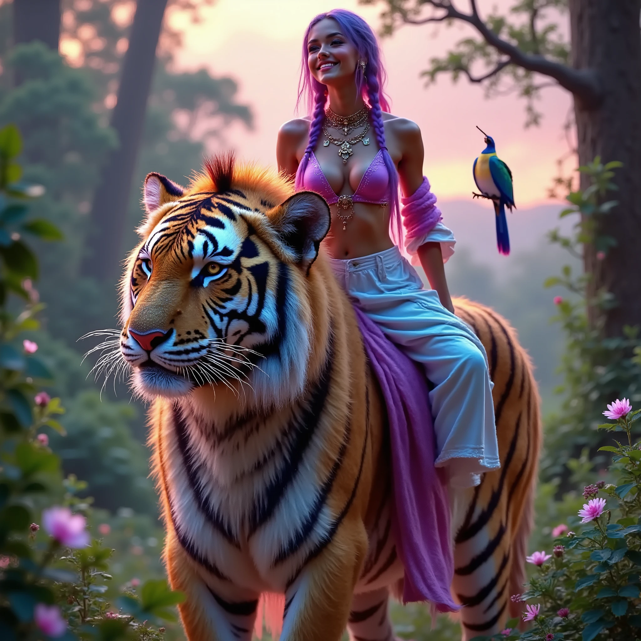 she is sitting on a large tiger riding the tiger