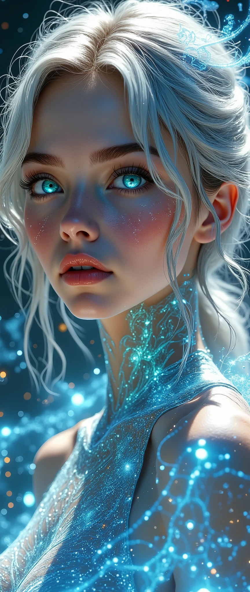 (a masterpiece:1.2,EXCEPTIONAL QUALITY, mirrored, cinematic experience,photorealistic:2.0,RAW Photos:2.0,Super detailed),8k,wallpaper,(Representation of drawings using holograms:2.0),(Beautiful Woman:2.0),cyborg woman,(Cyborg womanの:2.0),(Draw the front view:2.0),(Avant-garde design:2.0),(Detailed drawings:2.0),(numerous notes about the settings:2.0),(beautiful face, perfect skin, beautiful turquoise transparent eyes, long eyelashes, beautiful shiny platinum-colored hair)