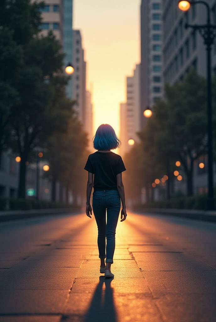 The back view of a sub-saharan teenager with her natural hair plaited in twists and tied in a messy bun. She is dressed in a black hoodie, black jeans and black Snickers. Her hands are in her pockets. She's standing by the roadside looking up at a tall building tainted by the rays of a setting but not visible sun in the background.