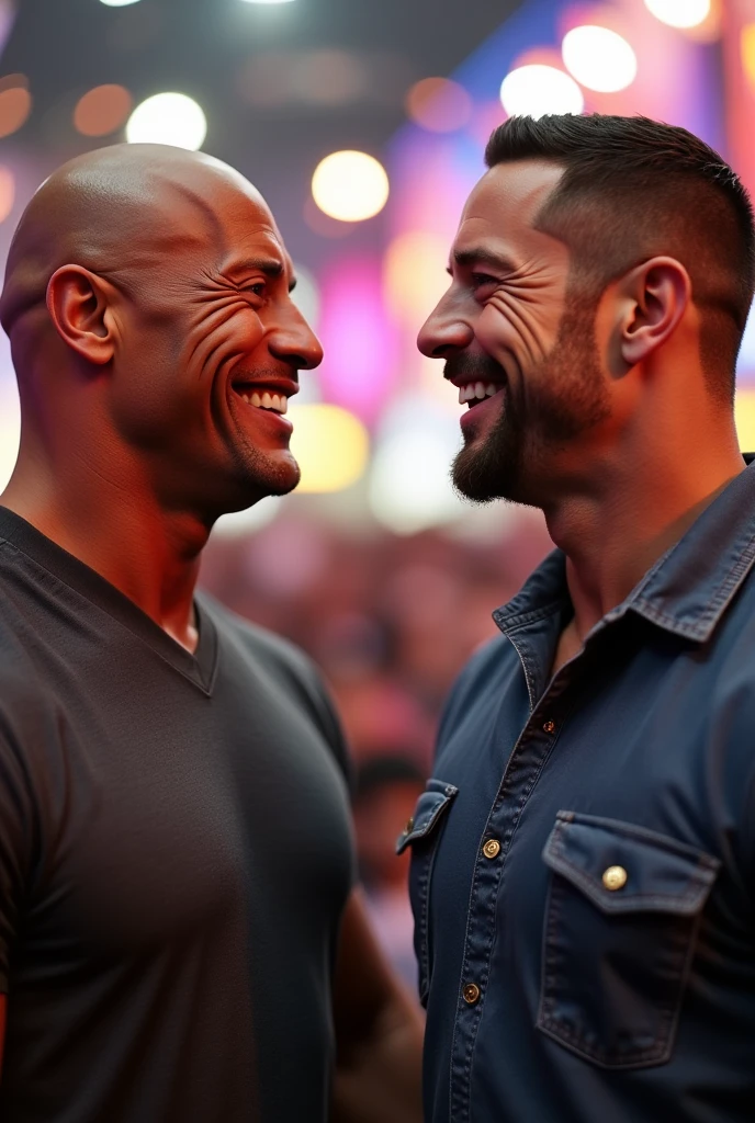 Jason Statham naked、Dwayne Johnson naked and kissing with breast groping, kissing passionately, Full body shot