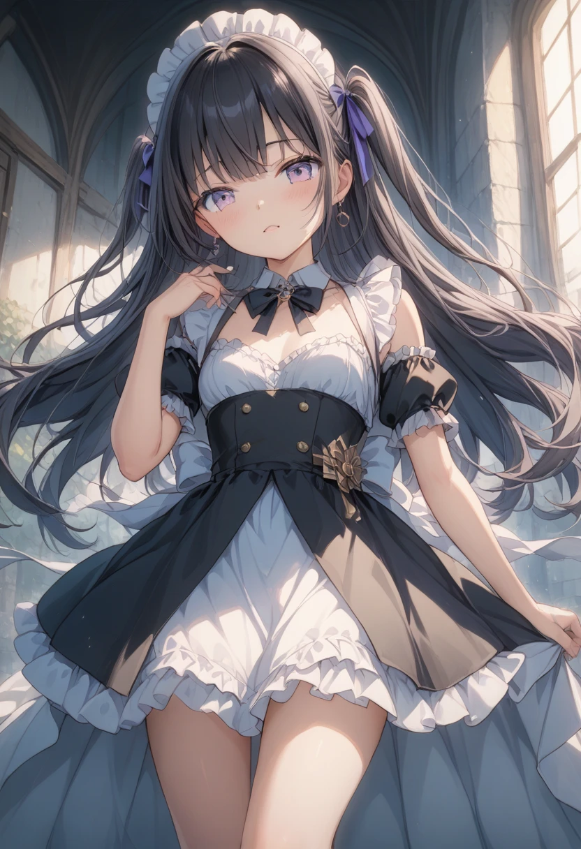 A lavish, photorealistic illustration of Soro, a charming 19th-century maiden, exudes elegance in a masterfully crafted scene. Framed by a ornate, gilded archway, she stands poised, her twintails adorned with sparkling bows, her cardigan vest and short-sleeved shirt perfectly complementing her plaid skirt. Over black legwear, her loafers add a touch of whimsy. A radiant smile spreads across her face, her eyes sparkling like diamonds in the soft, golden light. Every detail, from the intricate lace trim to the delicate folds of her garments, is meticulously rendered by a master illustrator's hand