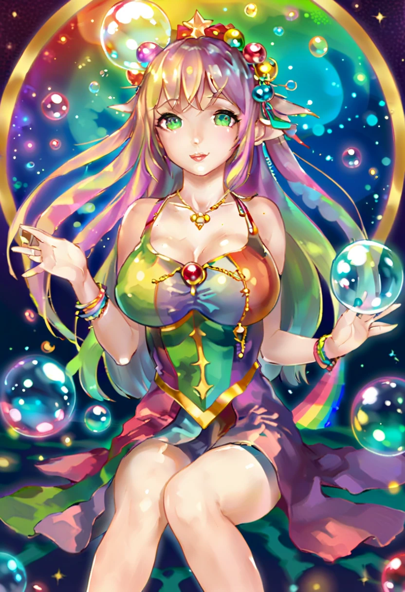 ((best quality)), ((masterpiece)), (detailed), 1girl, ((light green hair)), ((dark skin)), ((pink magic sphere in hand)), jungle, ahri, green eyes, ((black tunic)), ((breast peek)), open tunic, look inside tunic, medium breast, long hair, short sleeve, furry ears, ((jungle background))