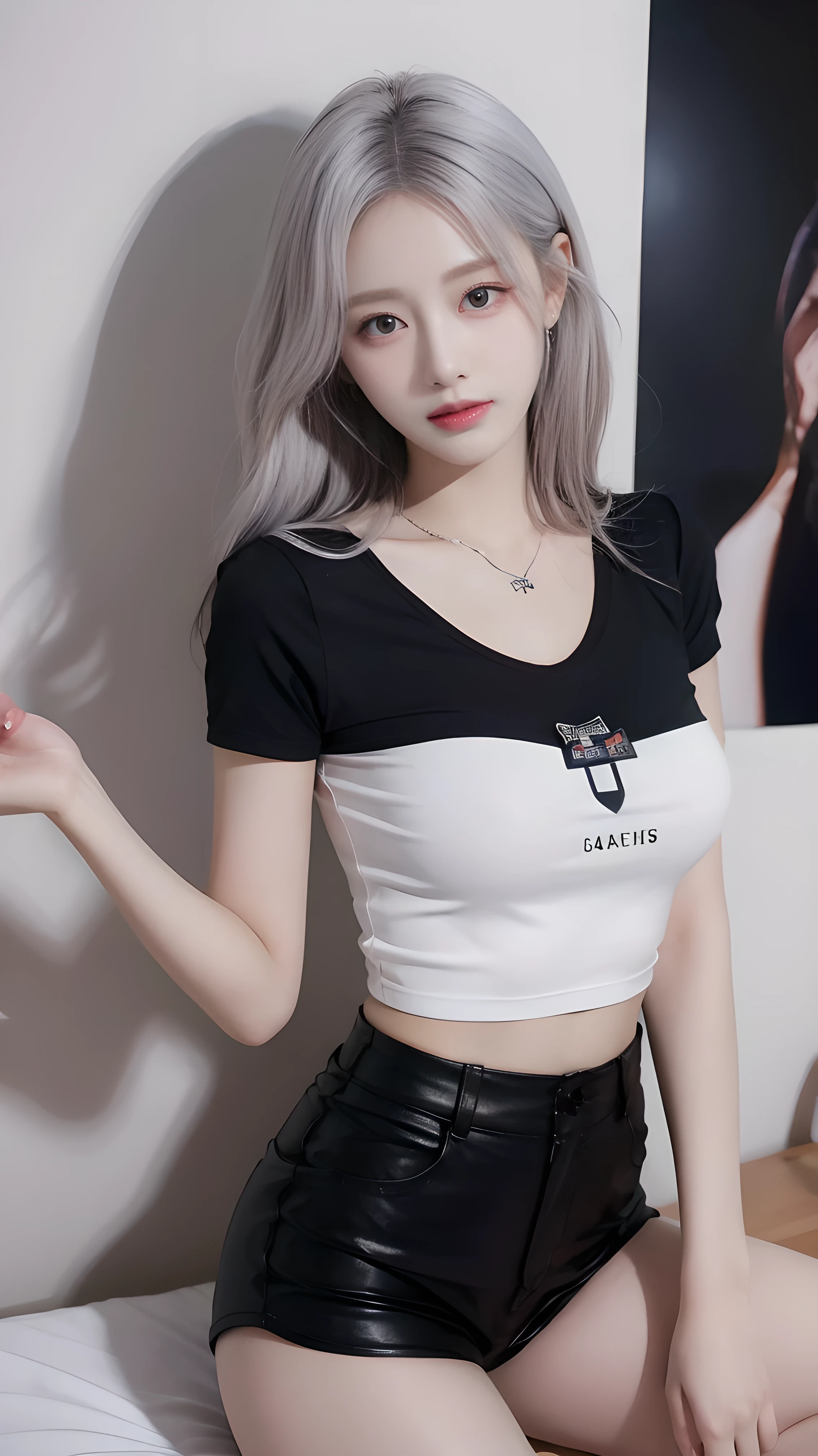 high definition , masterpiece, 1 girl, Viewers , Long hair, white hair, rainbow hair , blue eyes, big breasts, Dark Makeup,, Seductive expression, Aperture F16 , chest chart, earring,necklace, Chest Show T-Shirt,Leather Shorts ,Slim legs,
