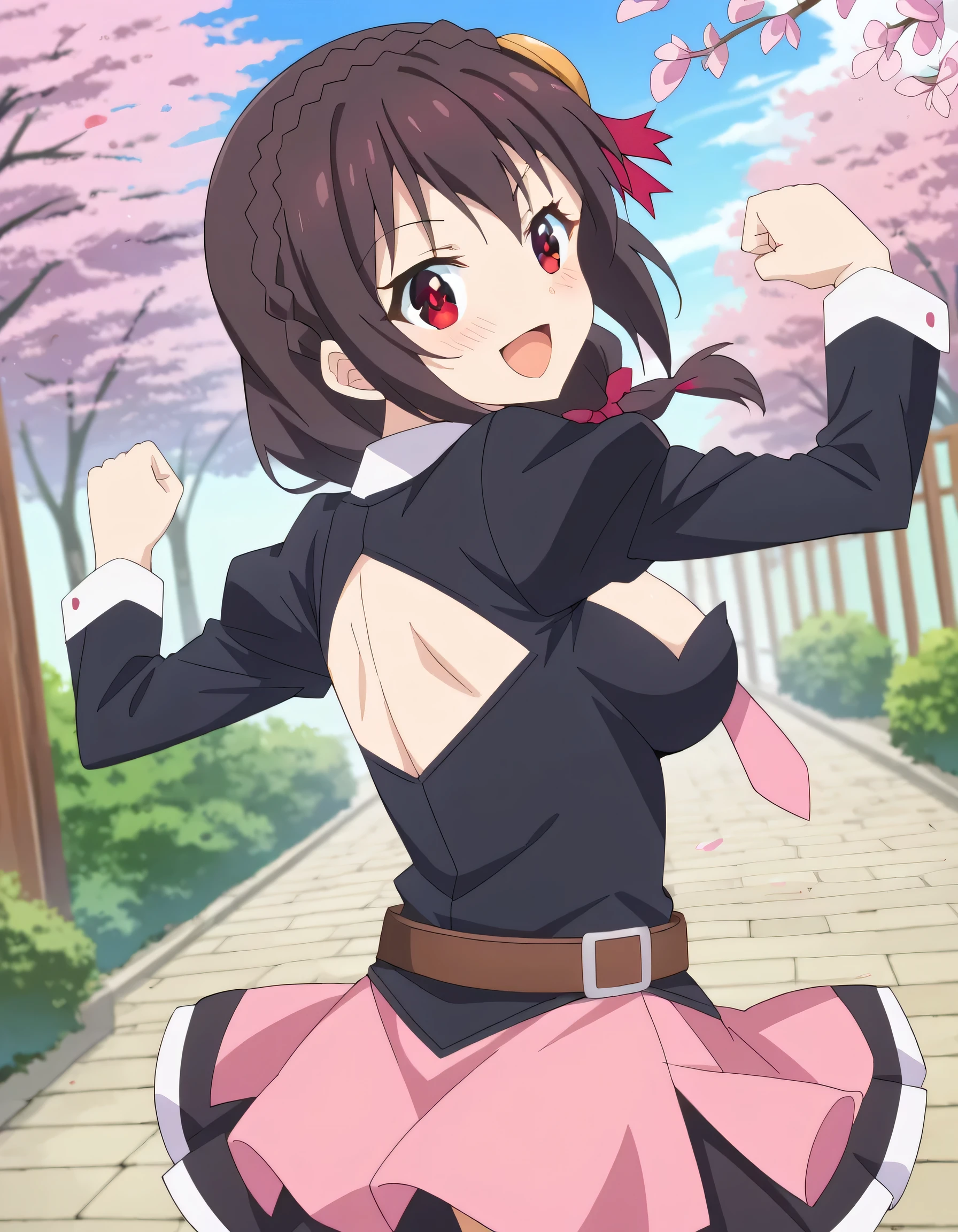 high definition, High Quality 、
Yunyun、 black hair, Hair Accessory , red eyes, , braided , crown braided ,
skirt , thighs, Long Sleeve, ties, belt, Outfit Cutout, Cleavage Cut Out, pink ties,
Active、smile、(Background is cherry blossoms)、blue sky、(upper body)、 view viewer、 lively 、 full of energy、 fist pose、 Victory Pose、 open your mouth and laugh、blush、 look back 、View from above at an angle