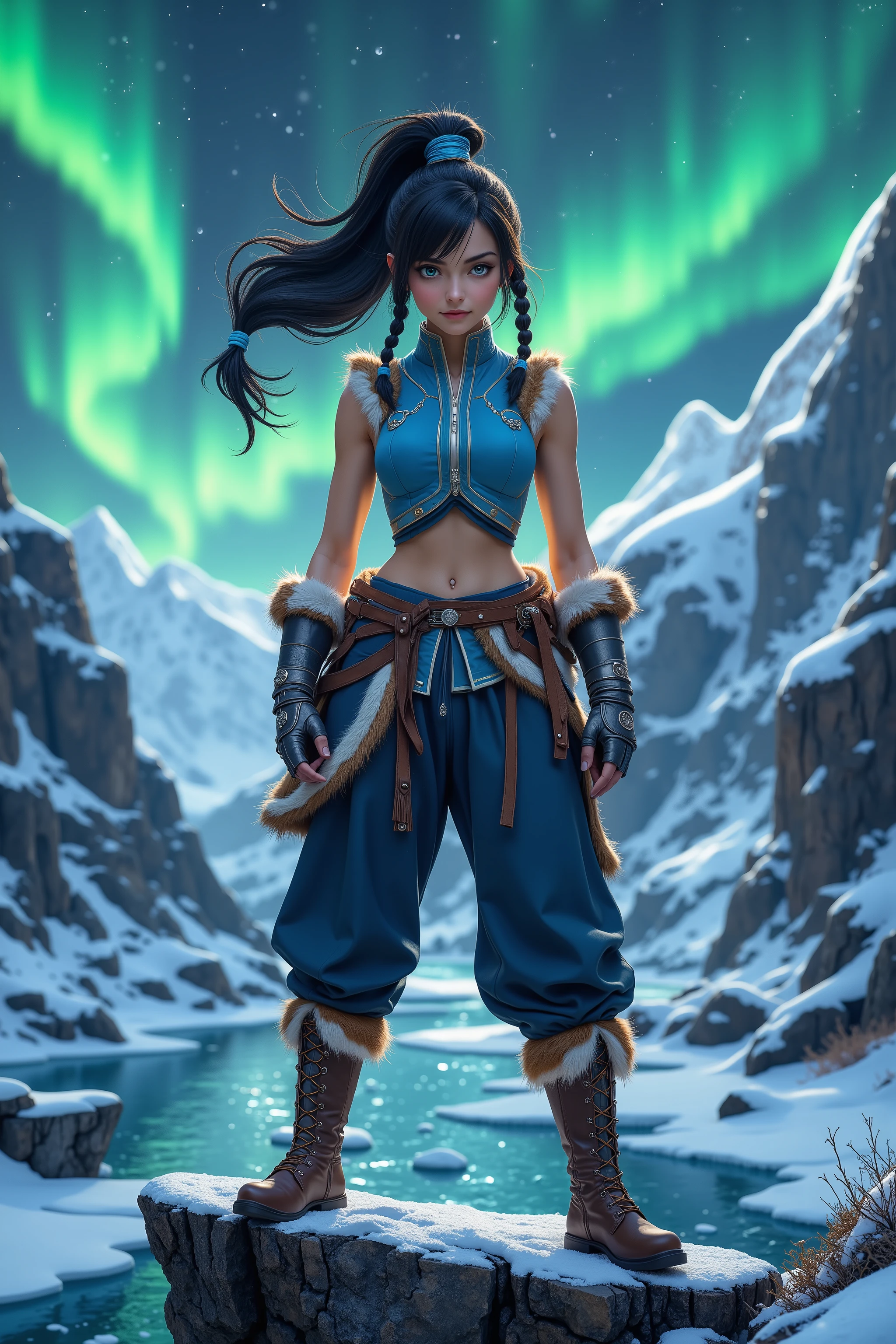 In a breathtaking arctic landscape, vivid green and purple auroras ripple across the night sky, their glow reflecting off the icy river and snow-covered mountains. Korra stands atop a jagged, frost-covered rock near the riverbank, her stance strong and grounded. One foot is firmly planted on the rock’s edge, while the other rests slightly behind her, anchoring her in the rugged terrain. She faces forward, her piercing blue eyes locking onto the viewer with a look of confidence and determination. A playful yet resolute smirk graces her lips, embodying her bold and fiery spirit.
The icy wind sweeps through the valley, ruffling her outfit and tousling her dark, silky hair. Her iconic high ponytail, tied with a light blue band, flows behind her in a slightly windswept texture. Two longer braids frame her face, falling just below her shoulders, secured with blue ties that add a touch of cultural elegance to her hairstyle. The movement of her hair adds a dynamic energy to her commanding presence.
Korra’s outfit is a modernized Water Tribe design, seamlessly blending tradition with practicality. She wears a sleeveless, high-collared blue tunic that fits snugly to her athletic physique, highlighting her strength and agility. The edges of the tunic are trimmed with white accents, mimicking the flowing patterns of water and ice. Fur accents tied around her hips, along with soft brown and white pelts draping over her thighs, reflect her heritage while providing warmth. Loose, dark blue pants allow for easy movement, and sturdy, fur-lined brown boots complete her ensemble. Her arms are wrapped in dark blue armguards with white and silver detailing, combining both protection and style.
The auroras above cast an ethereal green and purple light over her figure, the glow shimmering across her warm, medium-toned skin and lending her a near-mystical aura. Surrounded by the untamed beauty of the arctic, she stands as a force of nature—strong, resilient, and deeply connected to