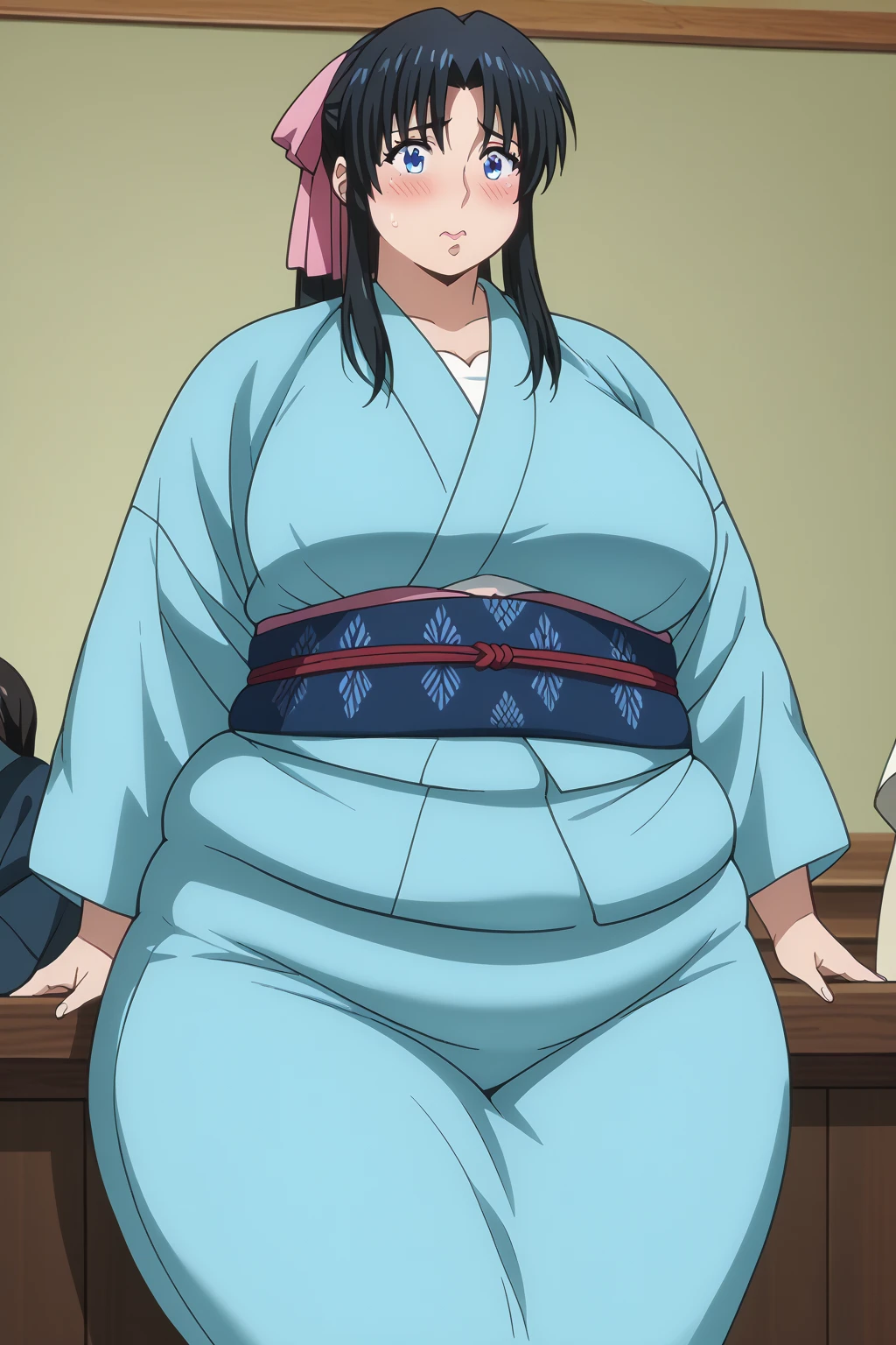 HOMURA (EDENSZERO), 1GIRL, SEXY, BREASTS, BEST QUALITY, MASTERPIECE, SLENDER, DARK YELLOW KIMONO, {HALF-NAKED}, PREGNANT, YELLOW RIBBON, OUTDOOR