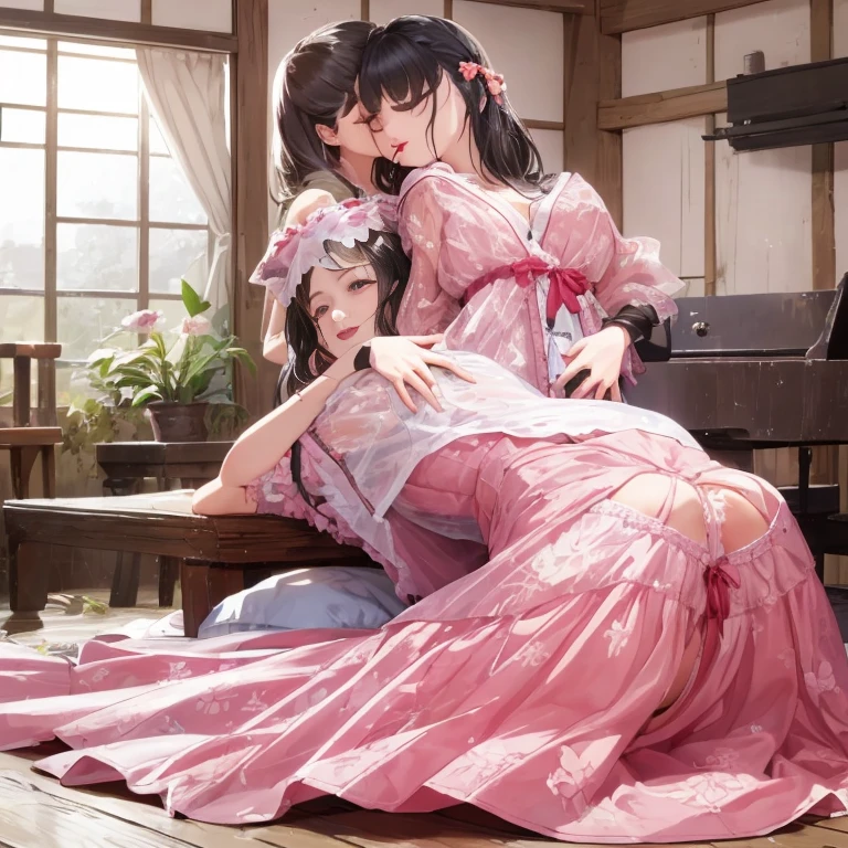 NSFW,小さな女の子,((1 man and 1 woman,having sex)),riding on top of a naked man,small breasts,Nipples,hair above one eye,pink eyes,((magical girl costume)),detached sleeves,beret,ribbon,Heart Pendant,earrings,(masterpiece,Highest image quality,best quality)