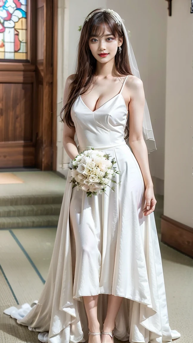 A girl standing and she's wearing a white long wedding dress, hold a flower, beautiful and long brown hair and perfect body figure