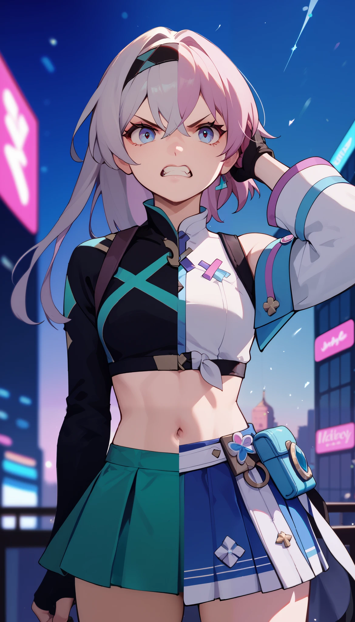 High resolution, Masterpiece, SplitScreen, split screen, City background, march7th, Blue eyes, Pink hair, White crop top, Sleeves, light blue skirt, gloves, navel, angry expression, clenched teeth, purple eye