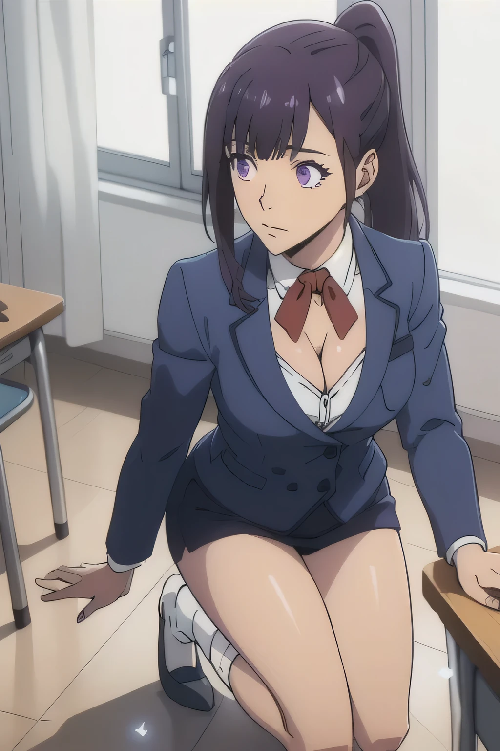 1 girl in, 18, photo of Sung Jinha, Solo Levelling Waifu, photo of perfect woman, Solo, Aesthetic artwork, (long hair, straight purple hair, long ponytail, dark purple hair, bangs: 1.25), (violet eyes, clear skin, fare skin, small breasts, B-cup, runners body, very thin waist, skinny, petite, detailed skin texture, (Masterpiece), (cleavage, focus on breasts:1.2), (She wears Businesswoman style clothes, grey blazer, ribbon, socks, high school uniform: 1.2), high school classroom, overlooking the city, (kneeling down before master, splits kneeling, legs apart), looking up at camera, overhead perspective), (extremely detailed 8k wallpaper), soft lighting, high quality, film grain, 50mm, High Detail, Sharp focus, (natural light), (cowboy photo:1.2), light particles