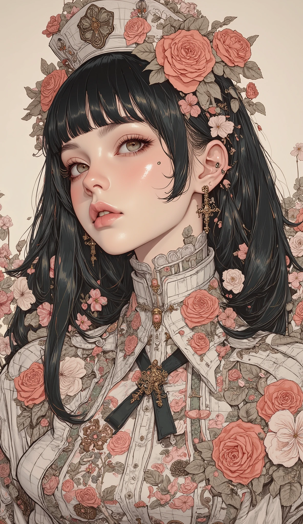 There is a picture of a woman wearing a nurse, Feminine Gothic Aesthetics 、 bangs with lots of flowers 、Pigtails, Close up details, Detail shot, with clear details , ARTY LOVE BLOW STYLE , Silkscreen Art, checked shirt , Extra Fine Ink Details , SILKSCREEN PRINT , very detailed,