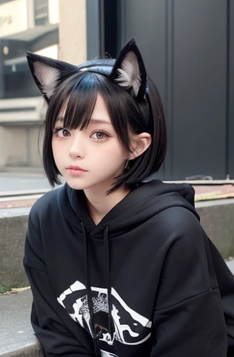 1 girl, medium black hair, heterochromia, red eyes, green eyes, dog ears, dog ears, gray sweatshirt, :3, Small fangs