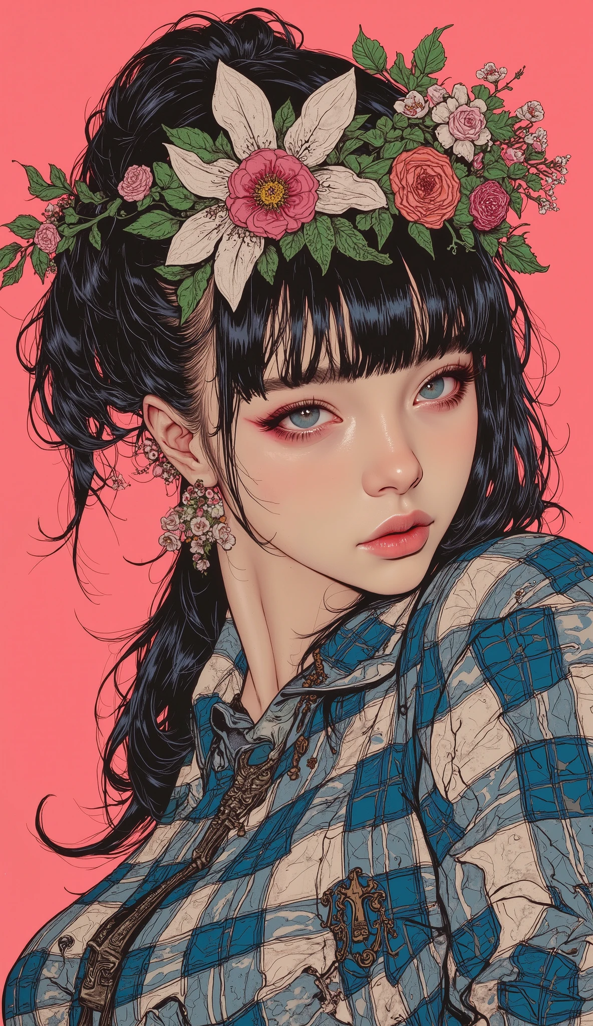 There is a picture of a woman in an underground idol, Feminine Gothic Aesthetics  、 bangs with lots of flowers 、Pigtails, Close up details, Detail shot,  with clear details ,  ARTY LOVE BLOW STYLE  , Silkscreen Art,  checked shirt  ,  Extra Fine Ink Details  ,  SILKSCREEN PRINT  ,  very detailed,