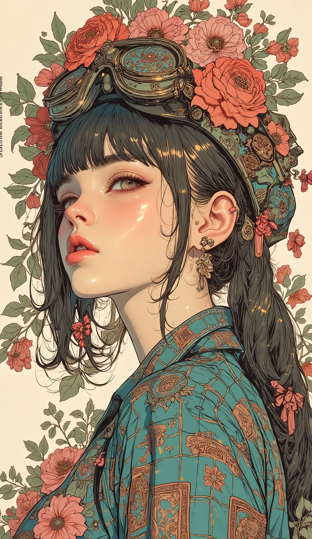 There is a picture of a woman in the form of an explorer, Feminine Gothic Aesthetics 、 bangs with lots of flowers 、Pigtails, Close up details, Detail shot, with clear details , ARTY LOVE BLOW STYLE , Silkscreen Art, checked shirt , Extra Fine Ink Details , SILKSCREEN PRINT , very detailed,