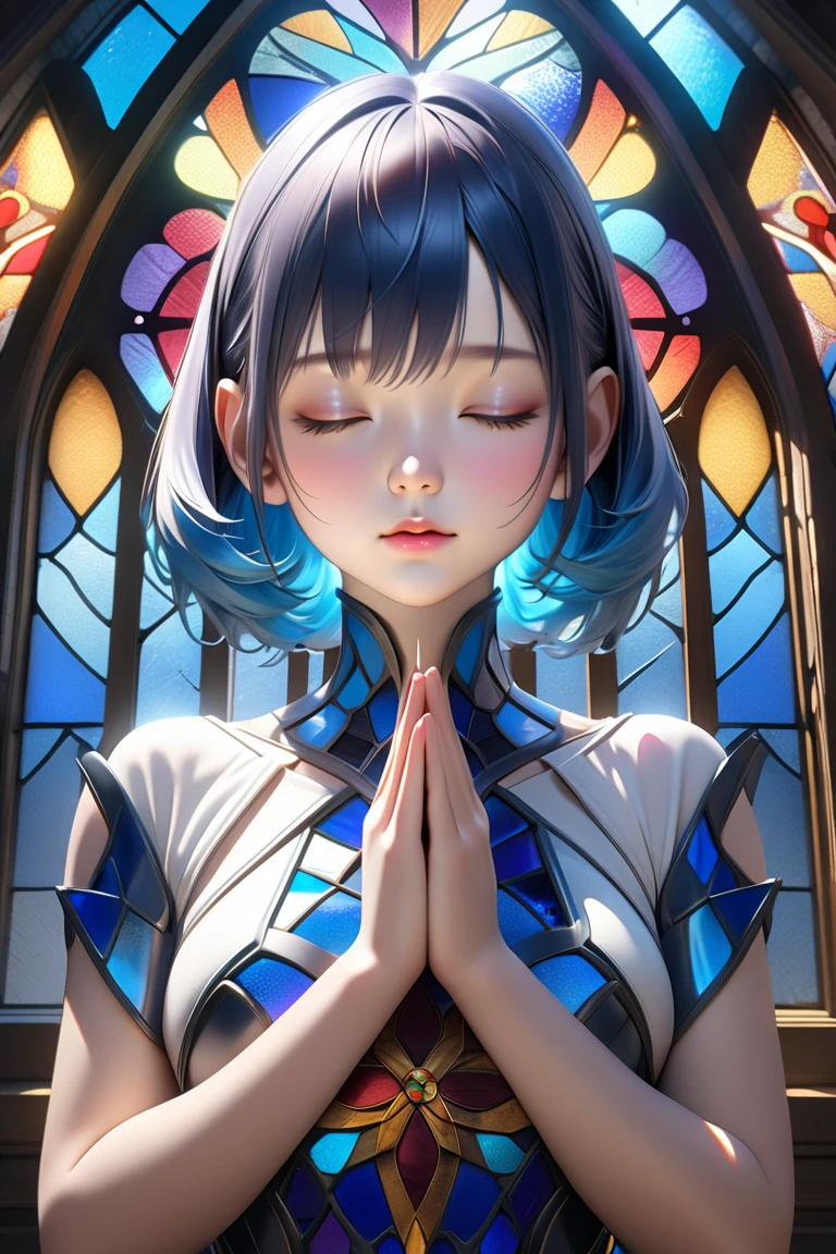 A close-up shot of a beautiful girl in a serene world. She has white hair and is blindfolded, with a calm expression. Her hands are pressed together in a prayer pose, with fingers interlaced and palms touching. The background is softly blurred, enhancing her ethereal presence.