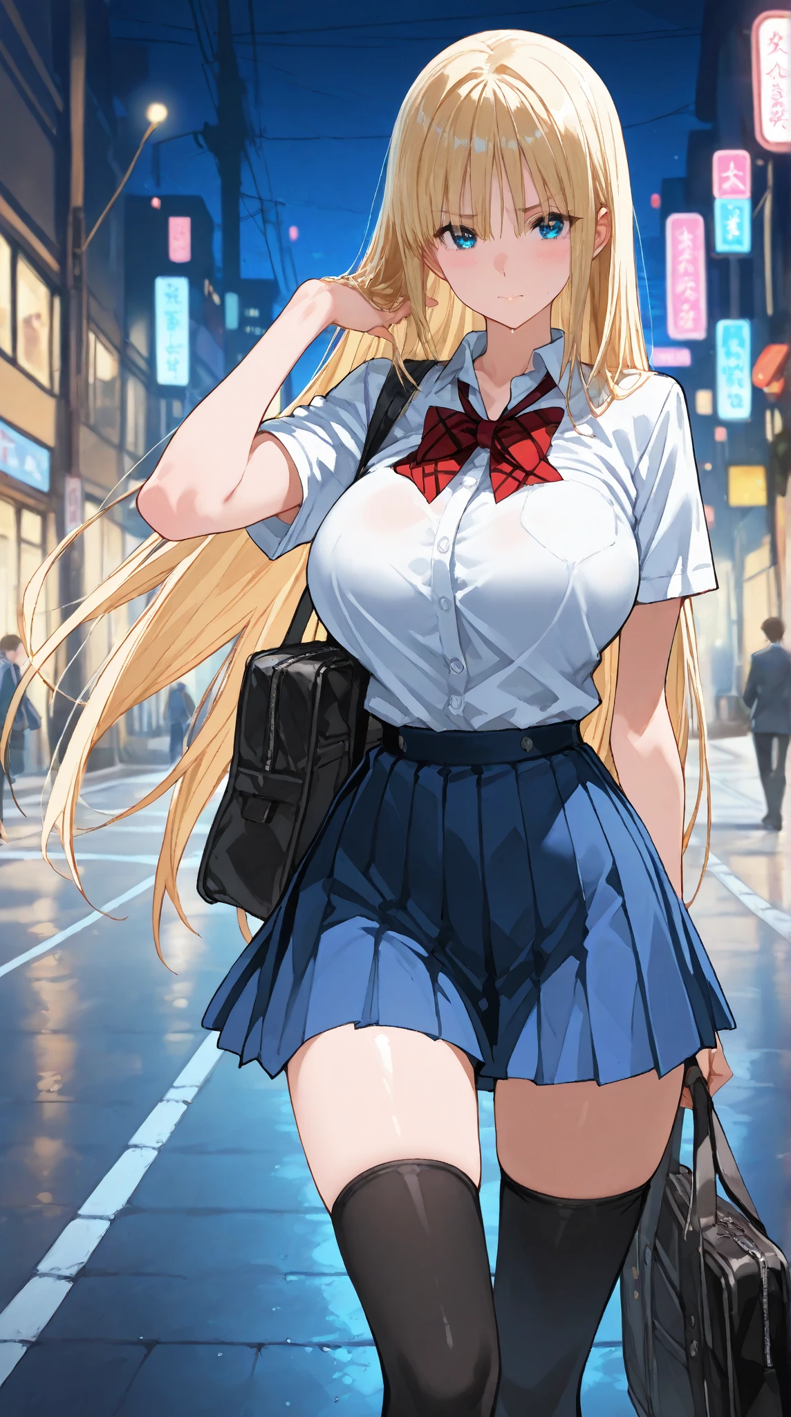 32k, best quality, 1girl, skirt, ErinaNakiri_NDV, 1girl, purple eyes, blonde hair, long hair, large breasts, hair between eyes, thighhighs, bow, , jacket, pleated skirt, shoes, black thighhighs, The Great Passage, plaid, plaid skirt, blazer, red ribbon tie, , tootsuki , skirt, plaid skirt, thighhighs, black thighhighs, pleated skirt, plaid skirt, Neckband, wide, by rubio, big breasts, purple eyes, Thighs, Side locks, pointing, hand on hip, tits, pink panties,   Masterpiece, Best Quality, high resolution, Beautiful detailed eyes, extremely detailed face, good lighting, Detailed CG, messy hair, bright lips, city street, evening, neon lights, looking back at the viewer, standing, flirtatious smile.