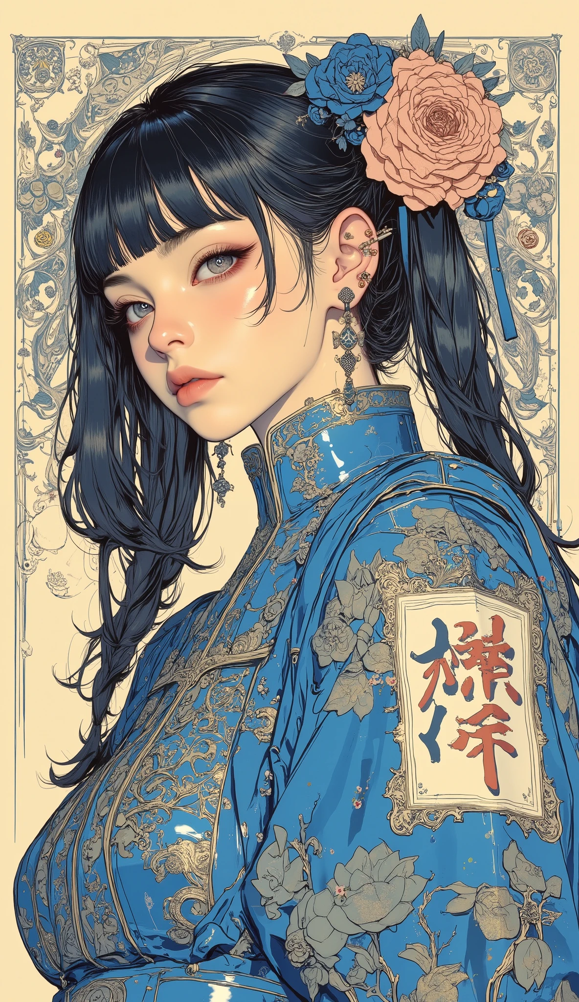 There is a picture of a woman in a blue Chinese suit, Feminine Gothic Aesthetics 、 bangs with lots of flowers 、Pigtails, Close up details, Detail shot, with clear details , ARTY LOVE BLOW STYLE , Silkscreen Art, checked shirt , Extra Fine Ink Details , SILKSCREEN PRINT , very detailed,