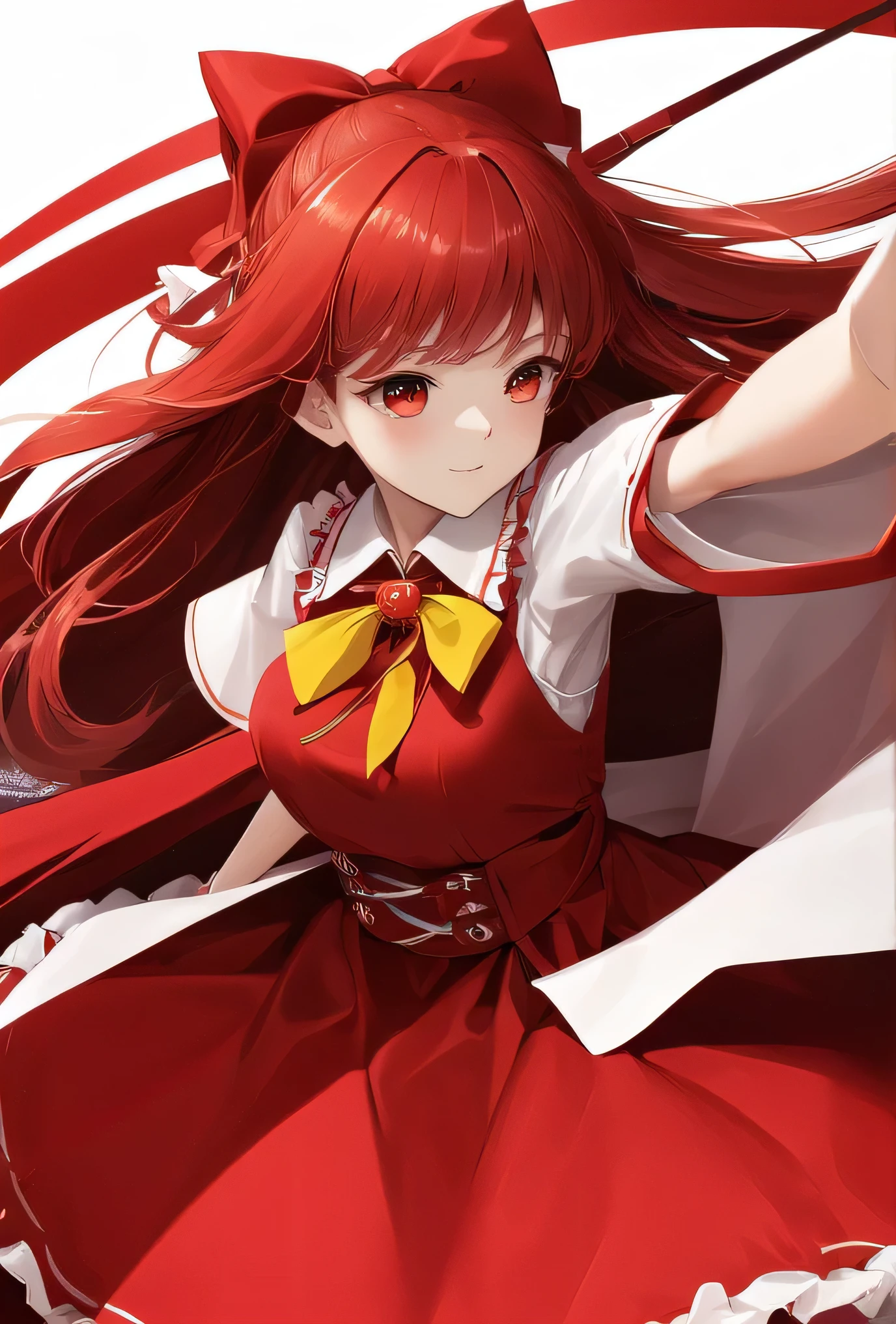 red hair bow, miko, red shirt, sideboob, detached sleeves, wide sleeves, ribbon-trimmed sleeves, yellow ascot, red skirt, long skirt, frilled skirt, frills, white socks, black shoes